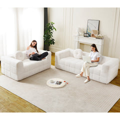 Modern Boneless Couch with Two Circular throw pillows,Skin-friendly lychee-textured long-pile polyester fabric,Checkered Fabric Design Foam Sofa