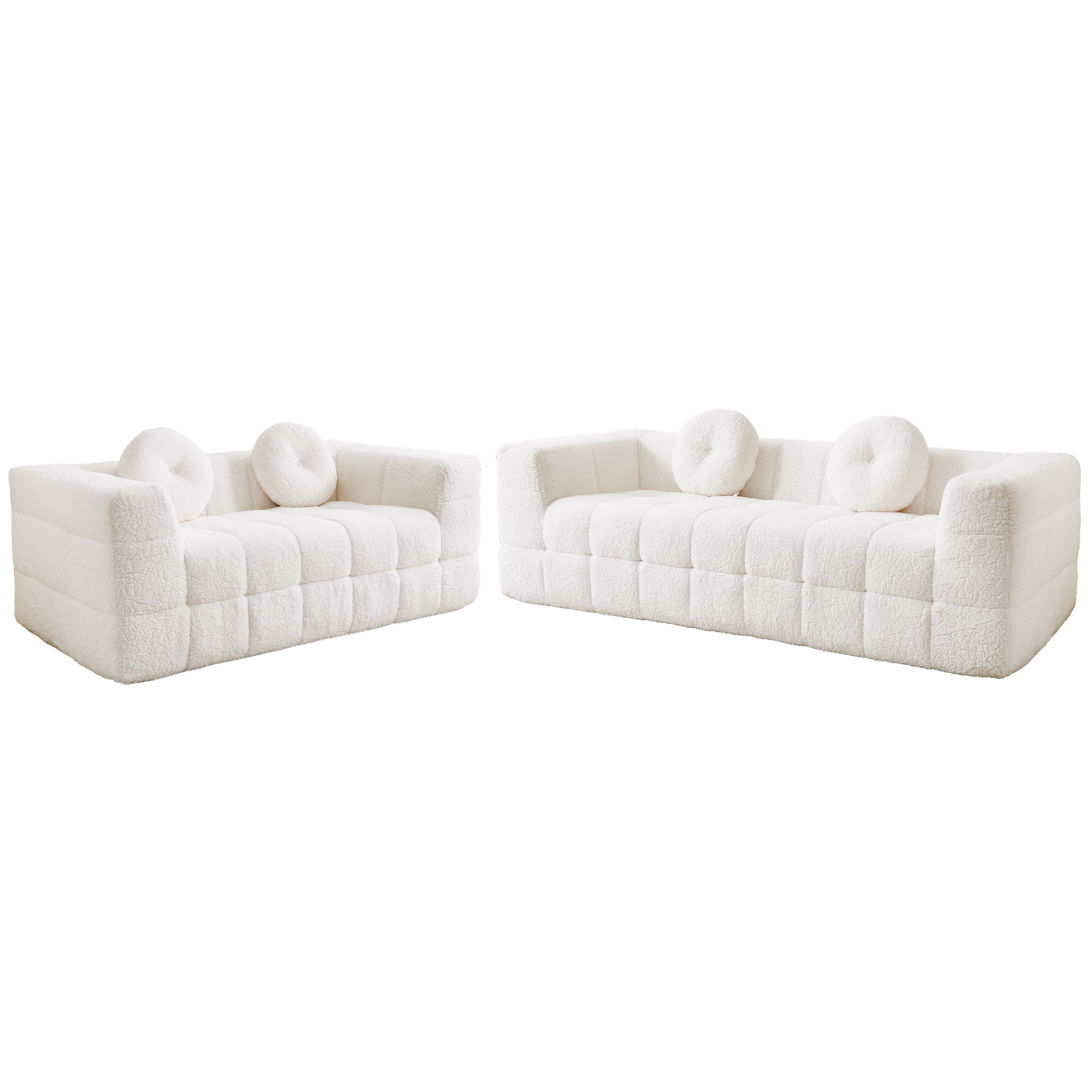 Modern Boneless Couch with Two Circular throw pillows,Skin-friendly lychee-textured long-pile polyester fabric,Checkered Fabric Design Foam Sofa
