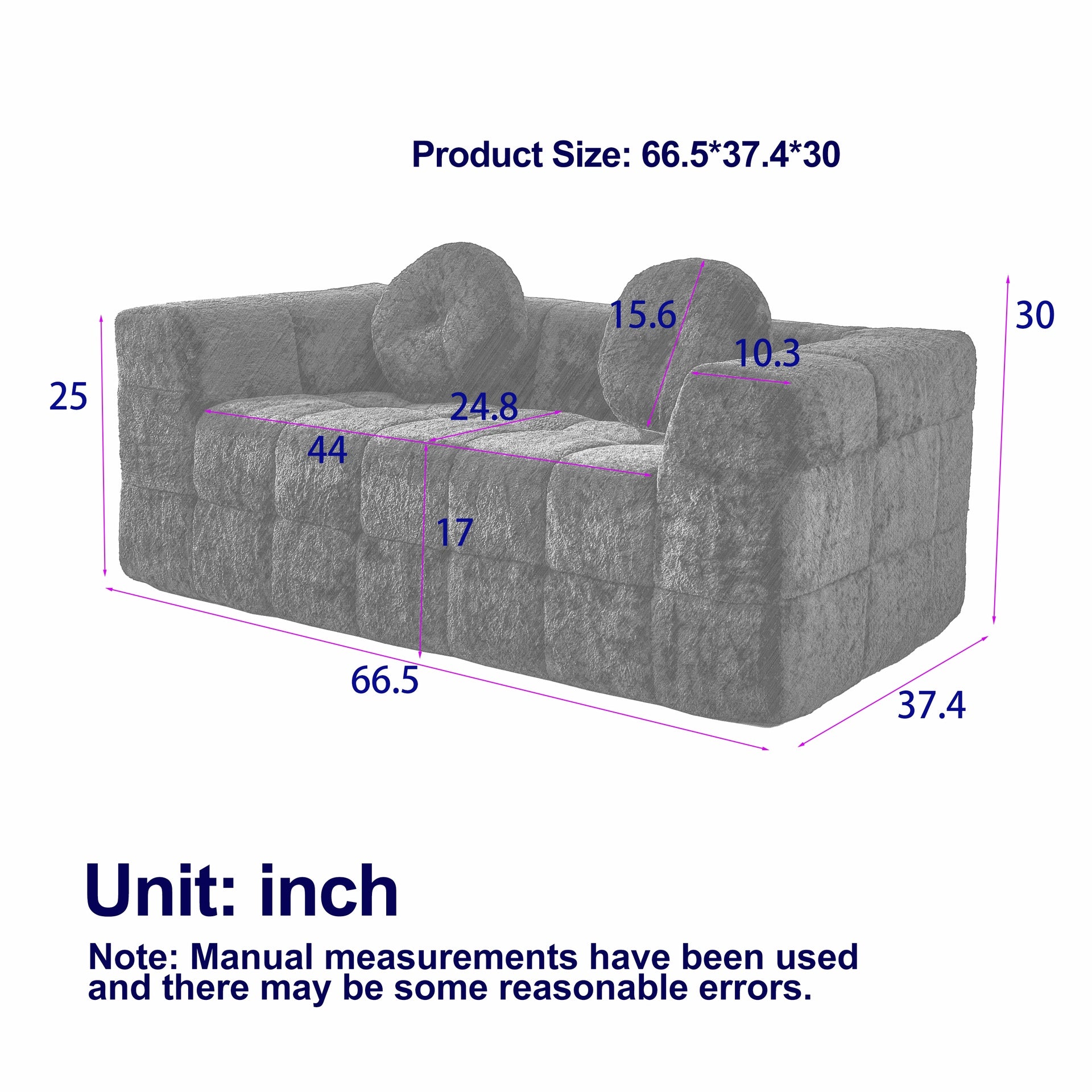 Modern Boneless Couch with Two Circular throw pillows,Skin-friendly lychee-textured long-pile polyester fabric,Checkered Fabric Design Foam Sofa