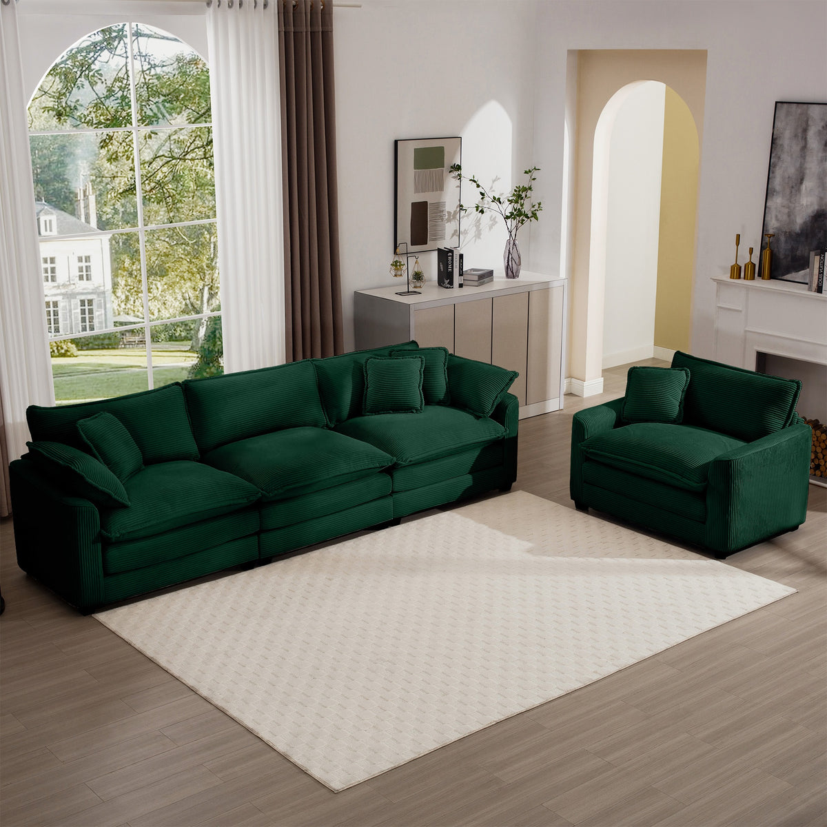 Mid-Century Modern Sectional Set of Two, One 3-Seater Sectional and One Single-Seater Sectional with 2 Arm Pillows and 4 Throw Pillows, Living Room Sectional Green Corduroy Fabric