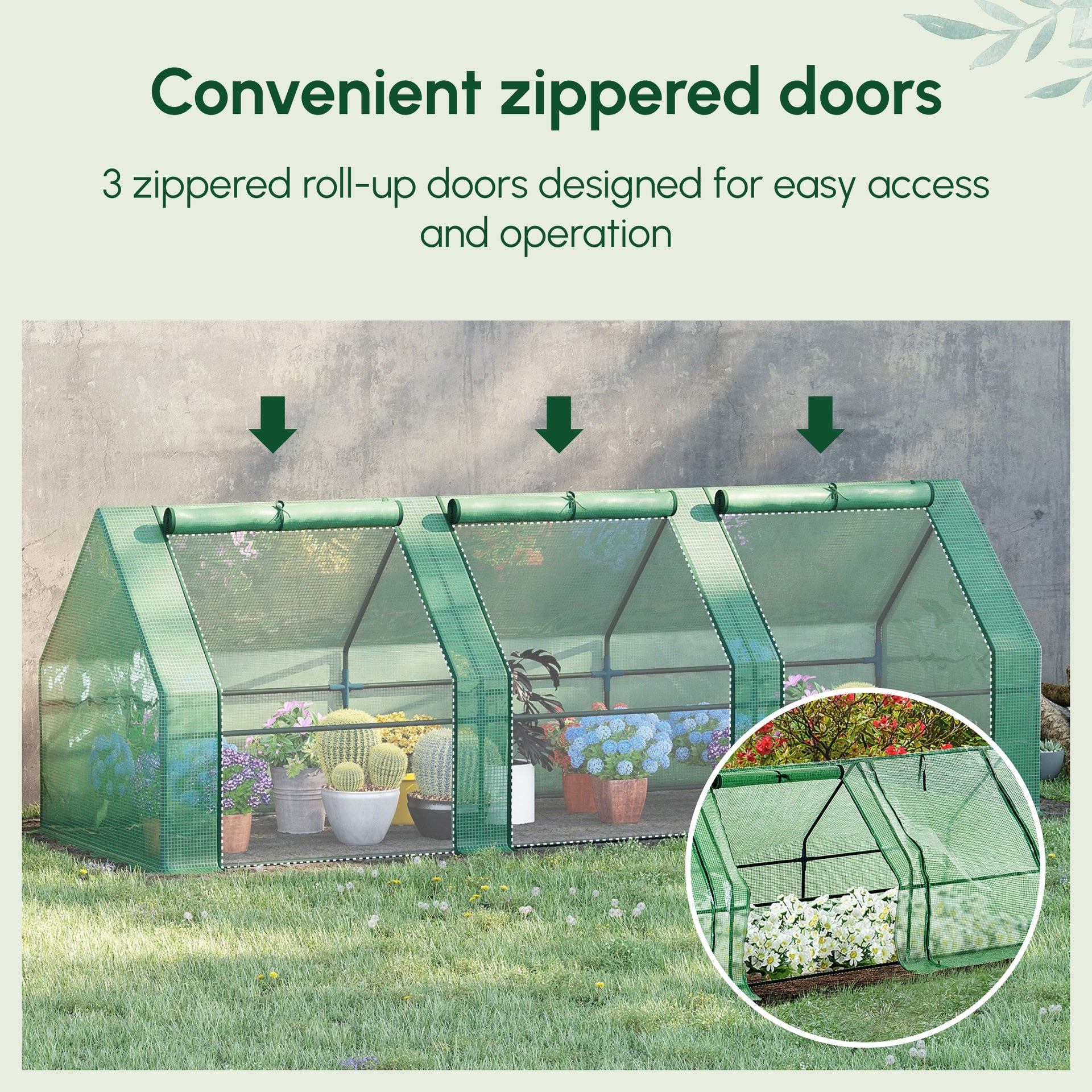 Outsunny 9' x 3' x 3' Portable Mini Greenhouse Outdoor Garden with Large Zipper Doors and Water/UV PE Cover, Green