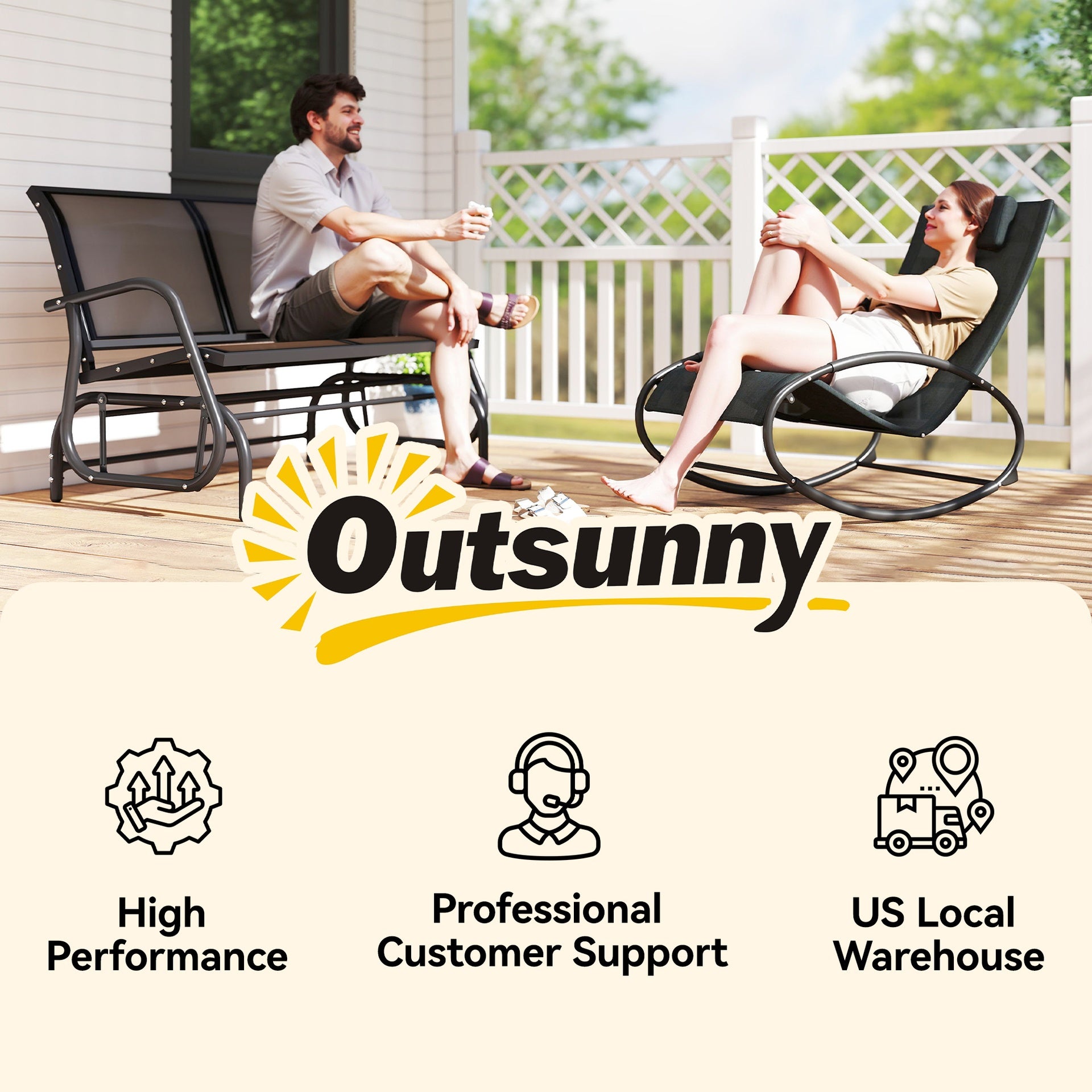 Outsunny 2-Person Outdoor Glider Bench, Patio Double Swing Rocking Chair Loveseat w/Powder Coated Steel Frame for Backyard Garden Porch, Black