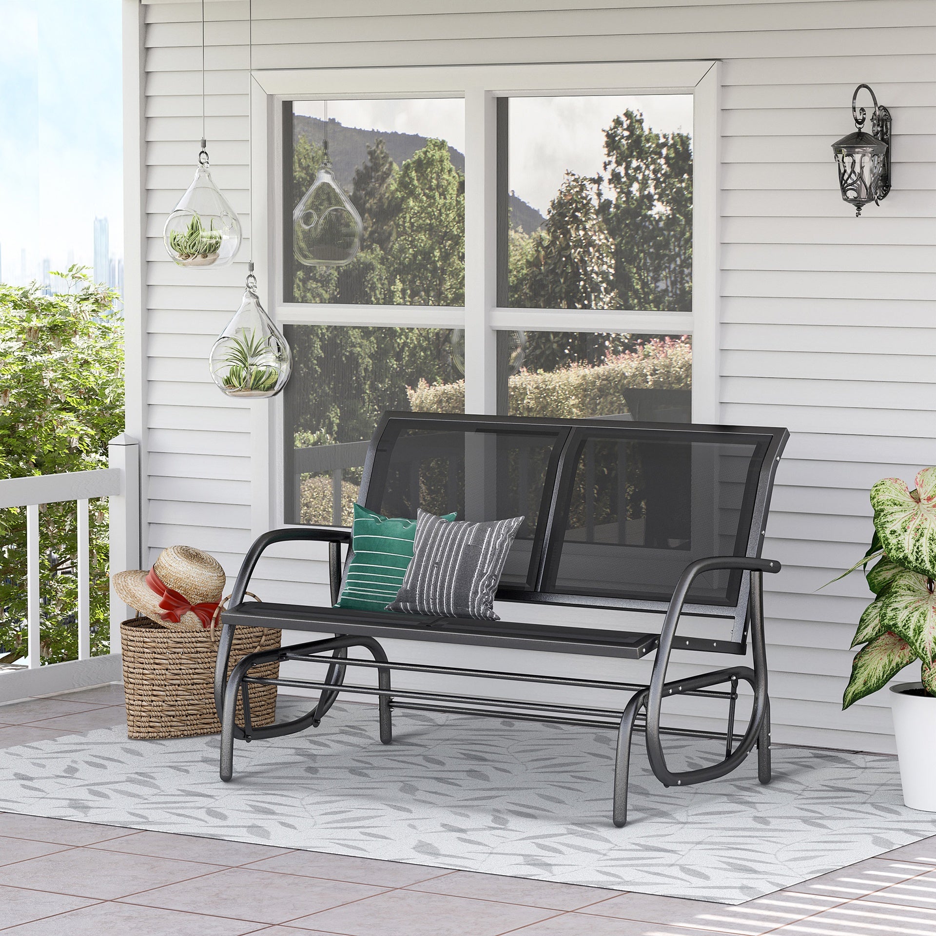 Outsunny 2-Person Outdoor Glider Bench, Patio Double Swing Rocking Chair Loveseat w/Powder Coated Steel Frame for Backyard Garden Porch, Black