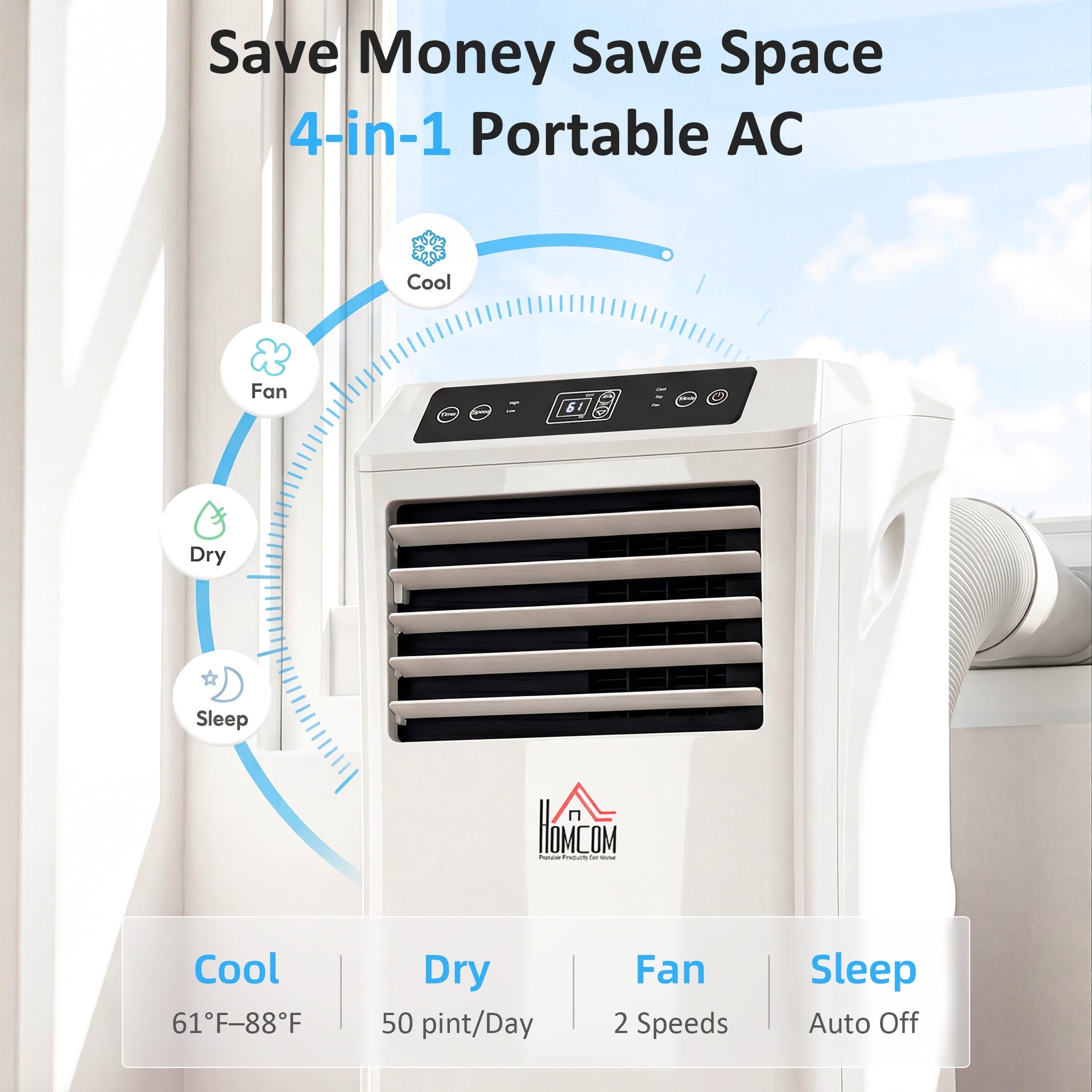 HOMCOM 10000 BTU Mobile Portable Air Conditioner with Cooling, Dehumidifier and Ventilating, 2 Speed Fans, 24-Hour Timer, White