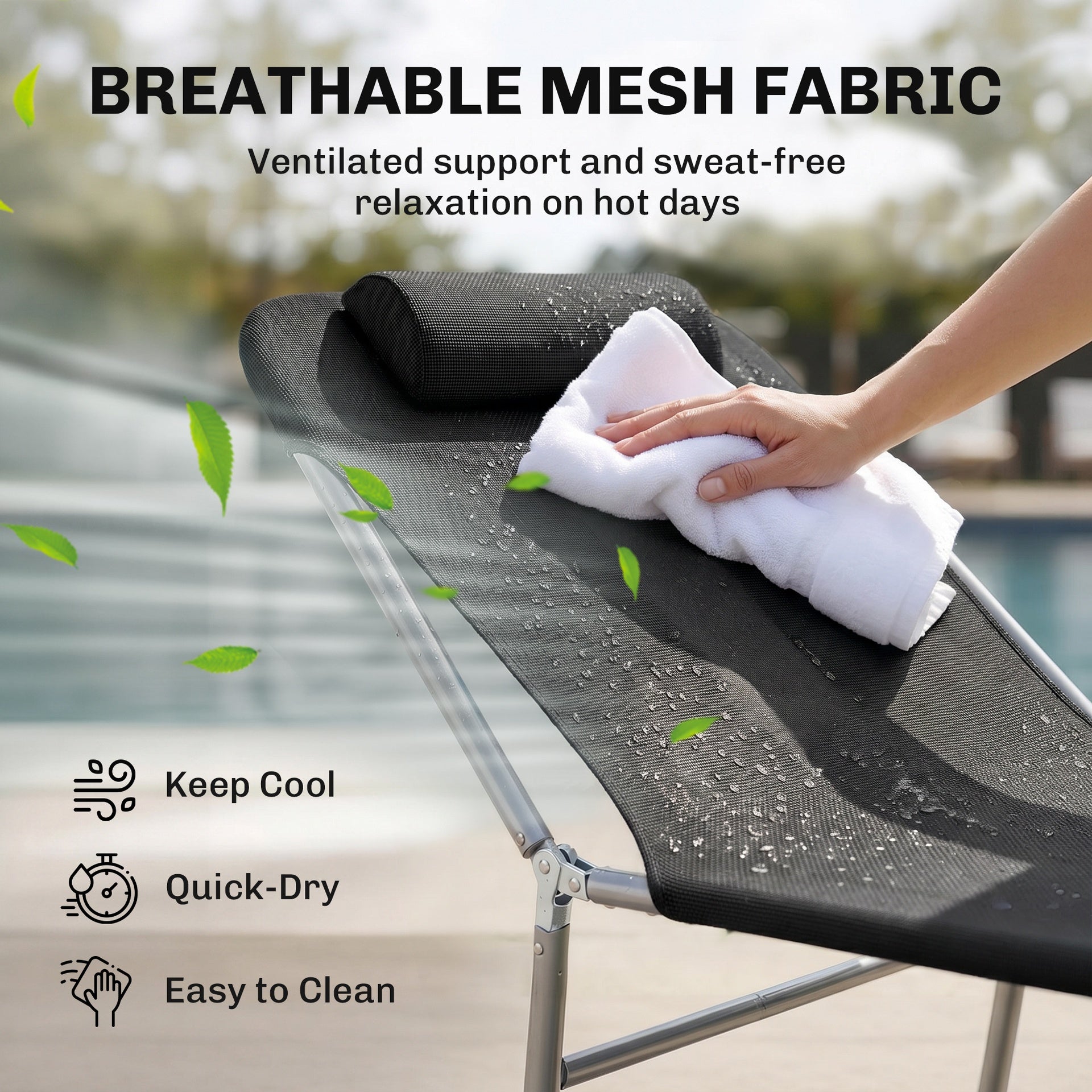 Outsunny Folding Chaise Lounge Pool Chairs, Outdoor Sun Tanning Chairs with Pillow, Reclining Back, Steel Frame & Breathable Mesh for Beach, Yard, Patio, Black
