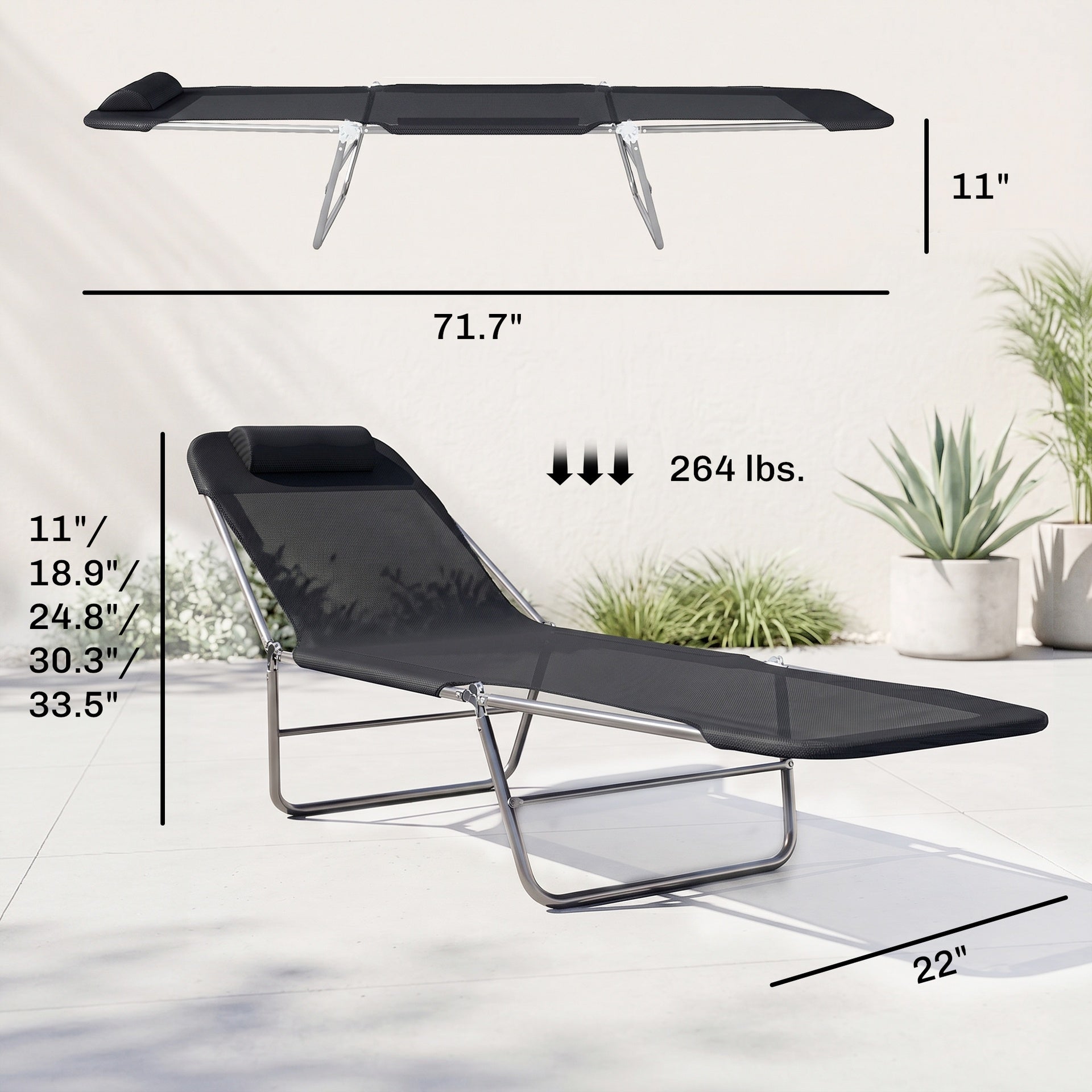 Outsunny Folding Chaise Lounge Pool Chairs, Outdoor Sun Tanning Chairs with Pillow, Reclining Back, Steel Frame & Breathable Mesh for Beach, Yard, Patio, Black
