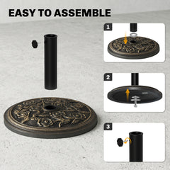 Outsunny 18" 20 lbs Round Resin Umbrella Base Stand Market Parasol Holder with Decorative Rose Floral Pattern & Easy Setup, for Φ1.5", Φ1.89" Pole, for Lawn, Deck, Backyard, Garden, Bronze