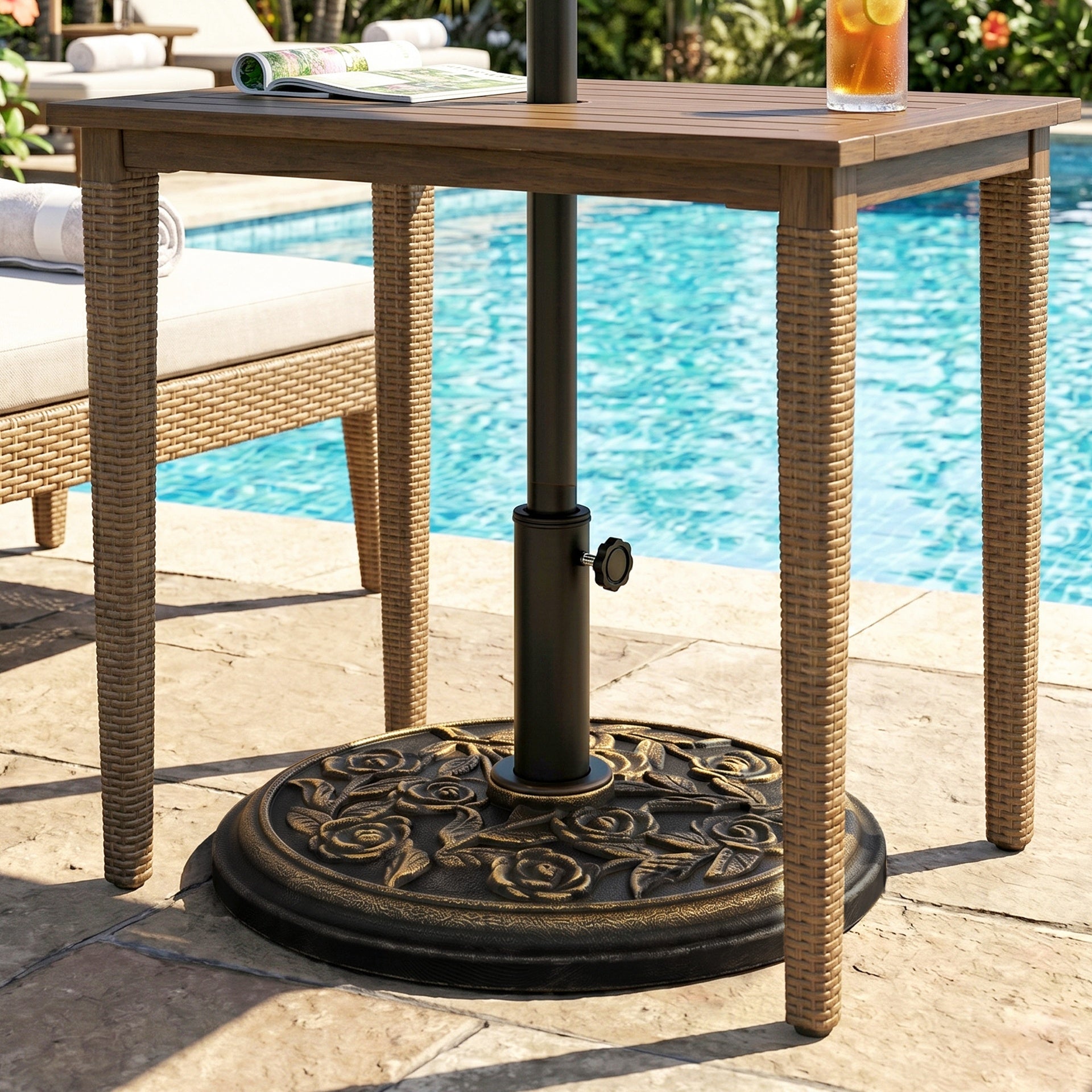 Outsunny 18" 20 lbs Round Resin Umbrella Base Stand Market Parasol Holder with Decorative Rose Floral Pattern & Easy Setup, for Φ1.5", Φ1.89" Pole, for Lawn, Deck, Backyard, Garden, Bronze