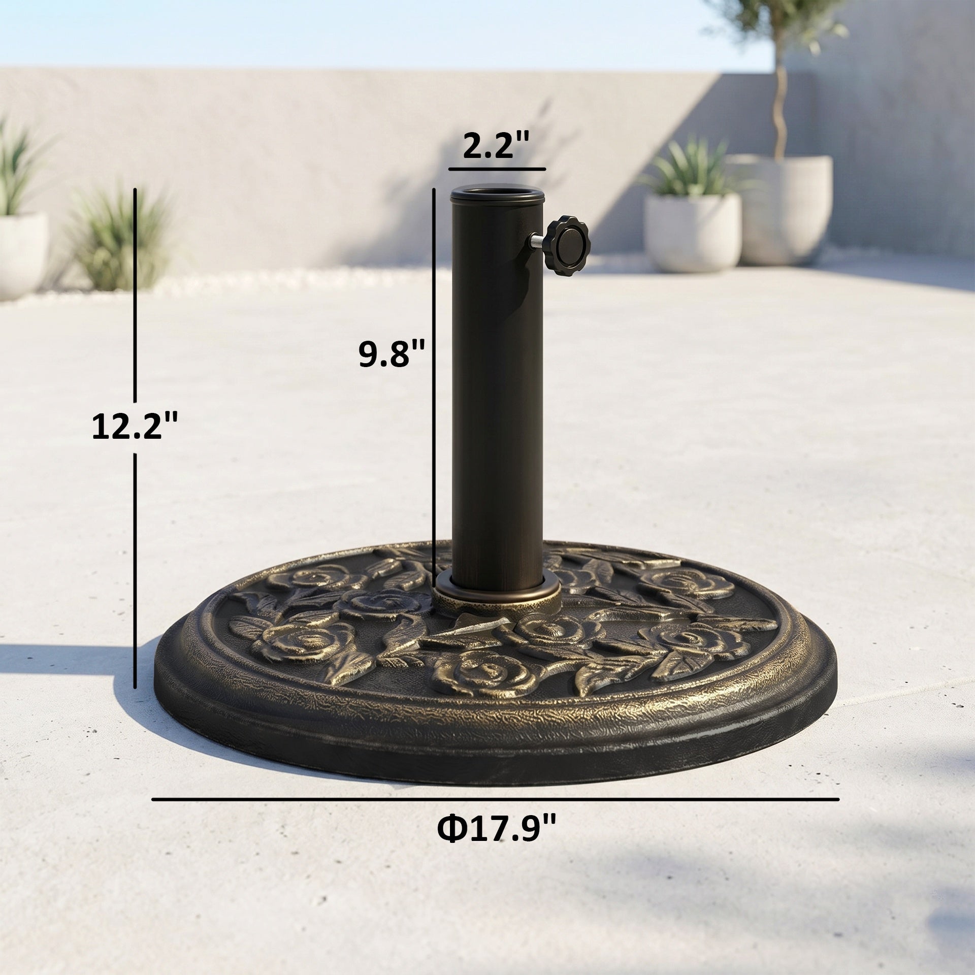 Outsunny 18" 20 lbs Round Resin Umbrella Base Stand Market Parasol Holder with Decorative Rose Floral Pattern & Easy Setup, for Φ1.5", Φ1.89" Pole, for Lawn, Deck, Backyard, Garden, Bronze