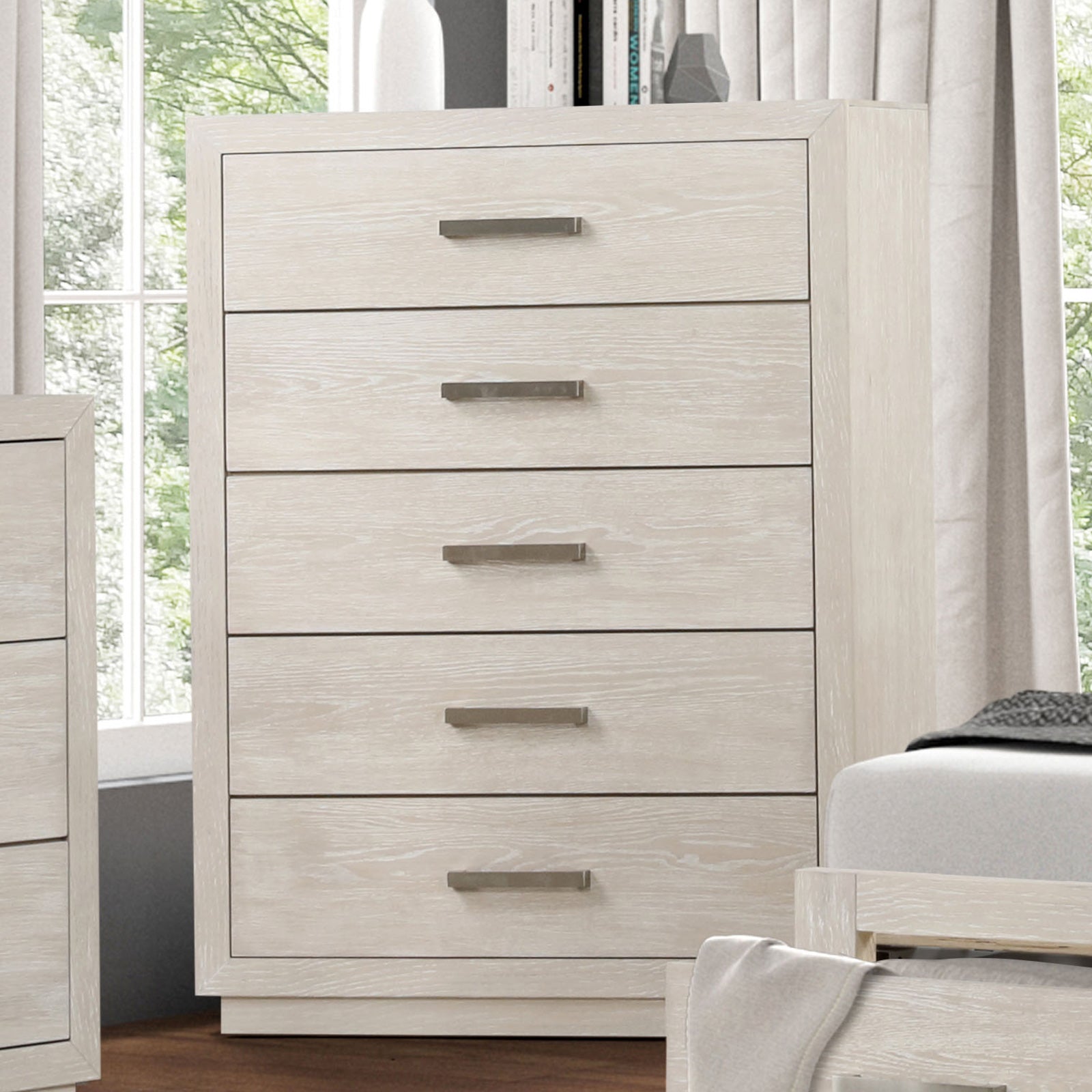 Transitional Style Chest 1pc Metal Side Glides English Dovetail Drawers Light Gray Finish Bedroom Furniture