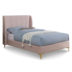 Contemporary Light Pink Twin Size Bed Wingback Headboard 1pc Bed Velvet Like Fabric Gold Metal Legs