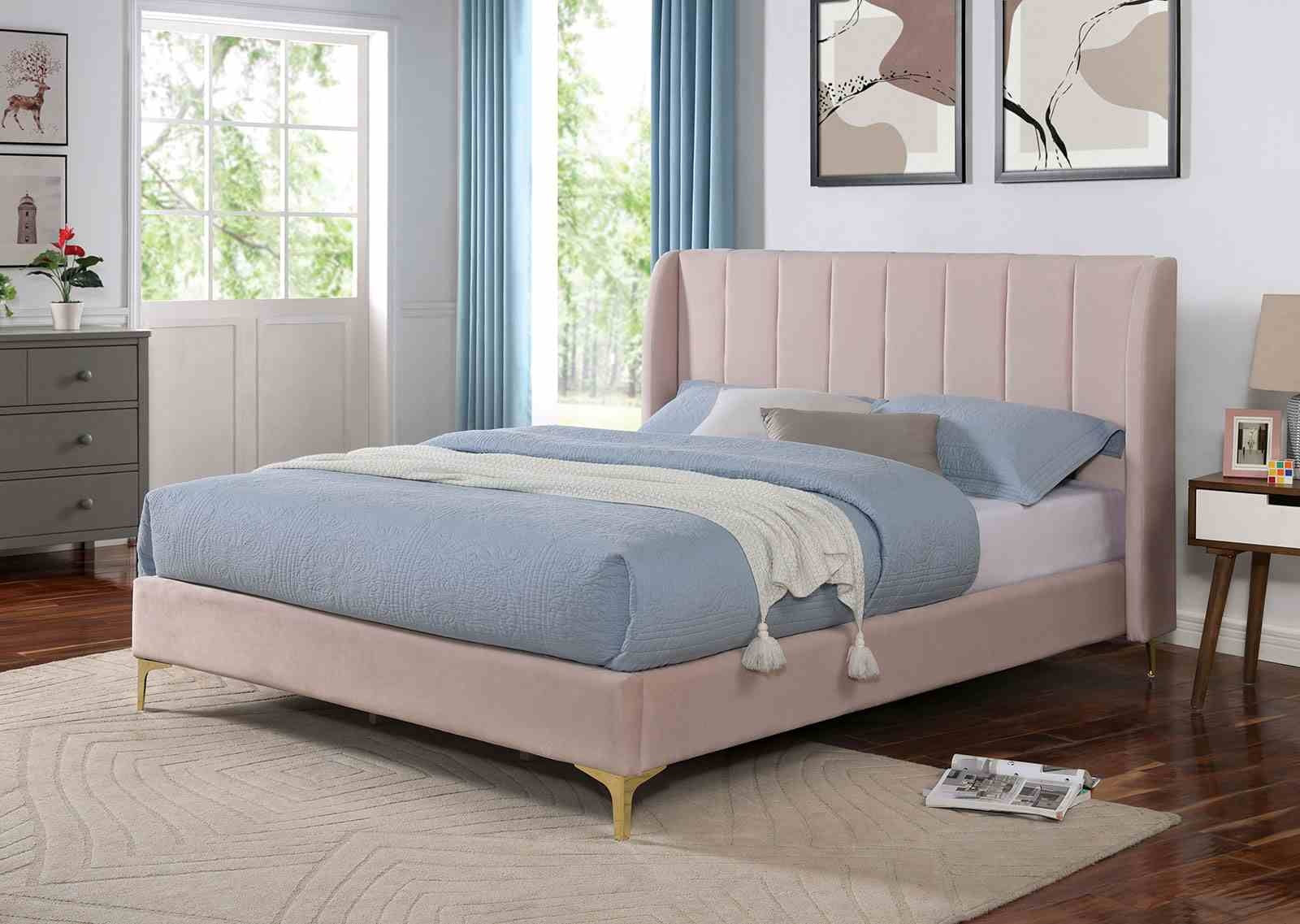 Contemporary Light Pink Twin Size Bed Wingback Headboard 1pc Bed Velvet Like Fabric Gold Metal Legs
