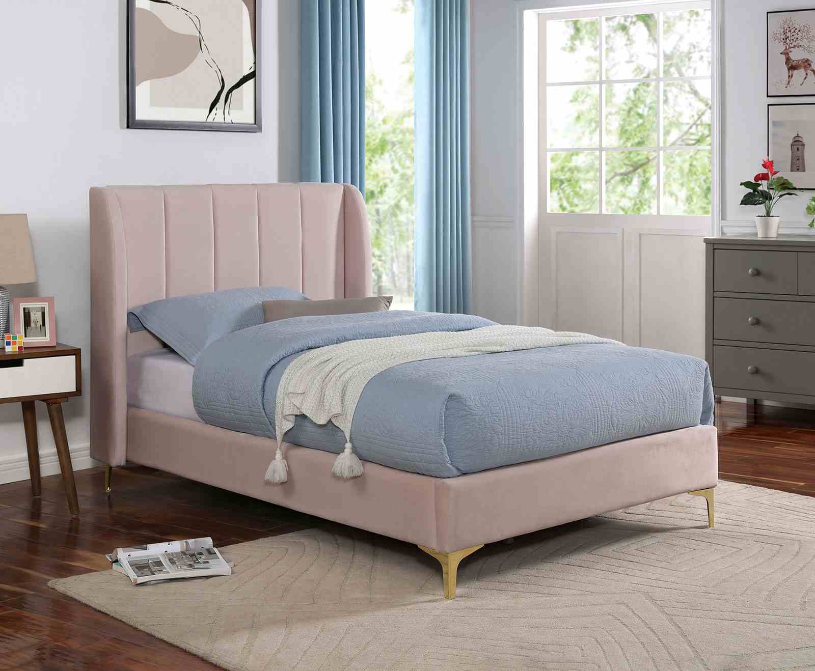 Contemporary Light Pink Twin Size Bed Wingback Headboard 1pc Bed Velvet Like Fabric Gold Metal Legs