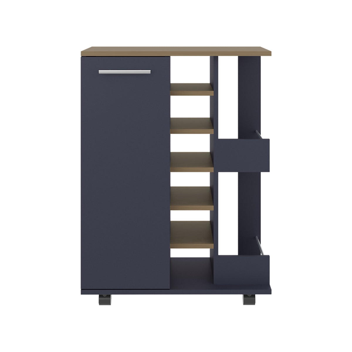 Bar Cart, Two External Shelves, Four Casters, Six Built-In Wine Rack, Single Door Cabinet, Natural Oak, Navy Blue
