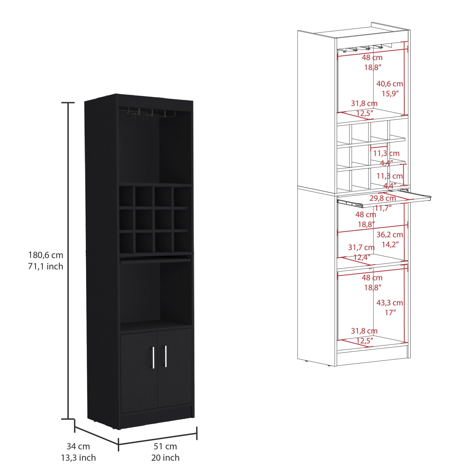 Kevil 71-Inch Tall Bar Cabinet 5-Tier Modern Bar Cabinet with Glass Holder Stemware Rack, Wine Cabinet, Liquor Cabinet, 12 Bottle Cubbies, 5 Shelves, and Pull Out Tray