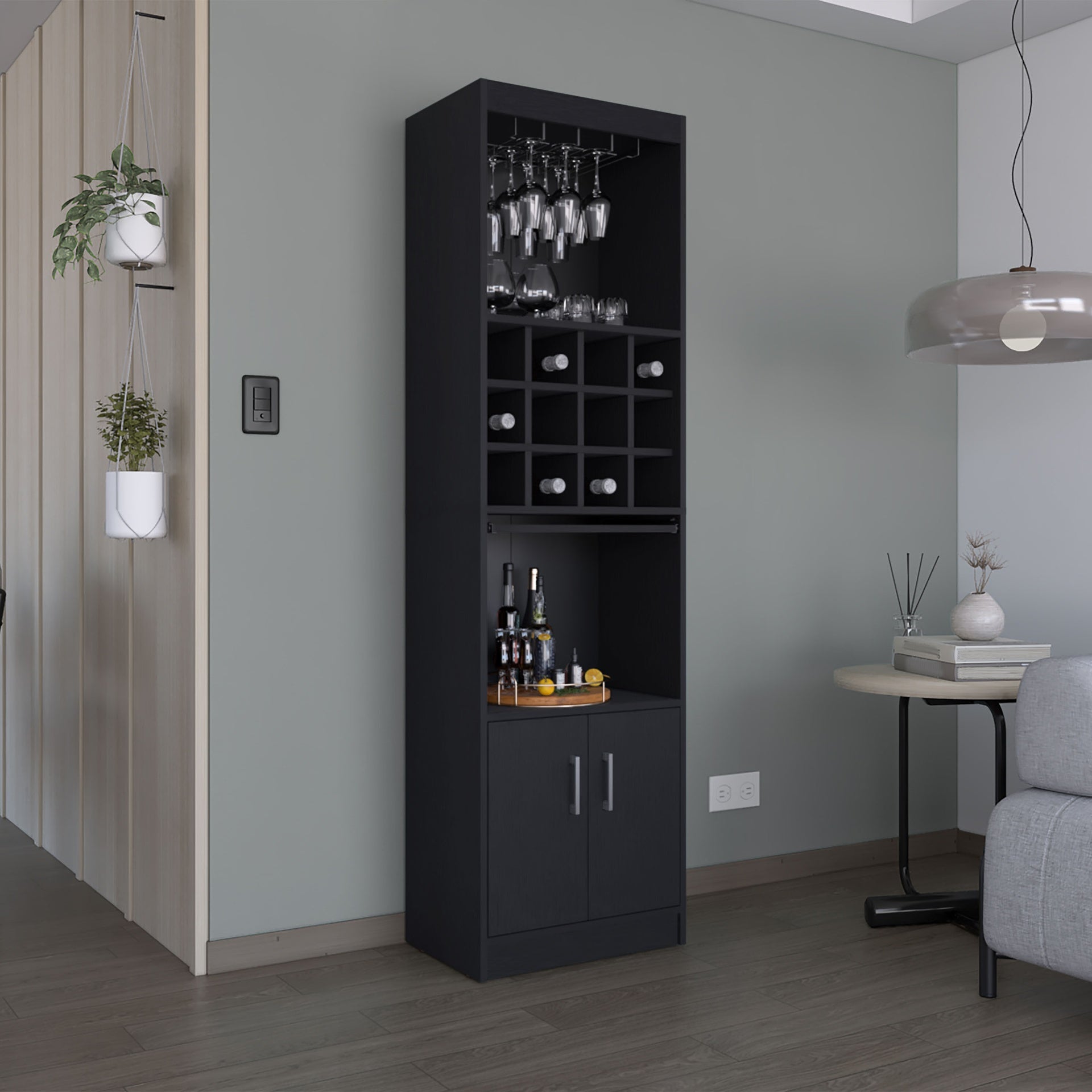 Kevil 71-Inch Tall Bar Cabinet 5-Tier Modern Bar Cabinet with Glass Holder Stemware Rack, Wine Cabinet, Liquor Cabinet, 12 Bottle Cubbies, 5 Shelves, and Pull Out Tray