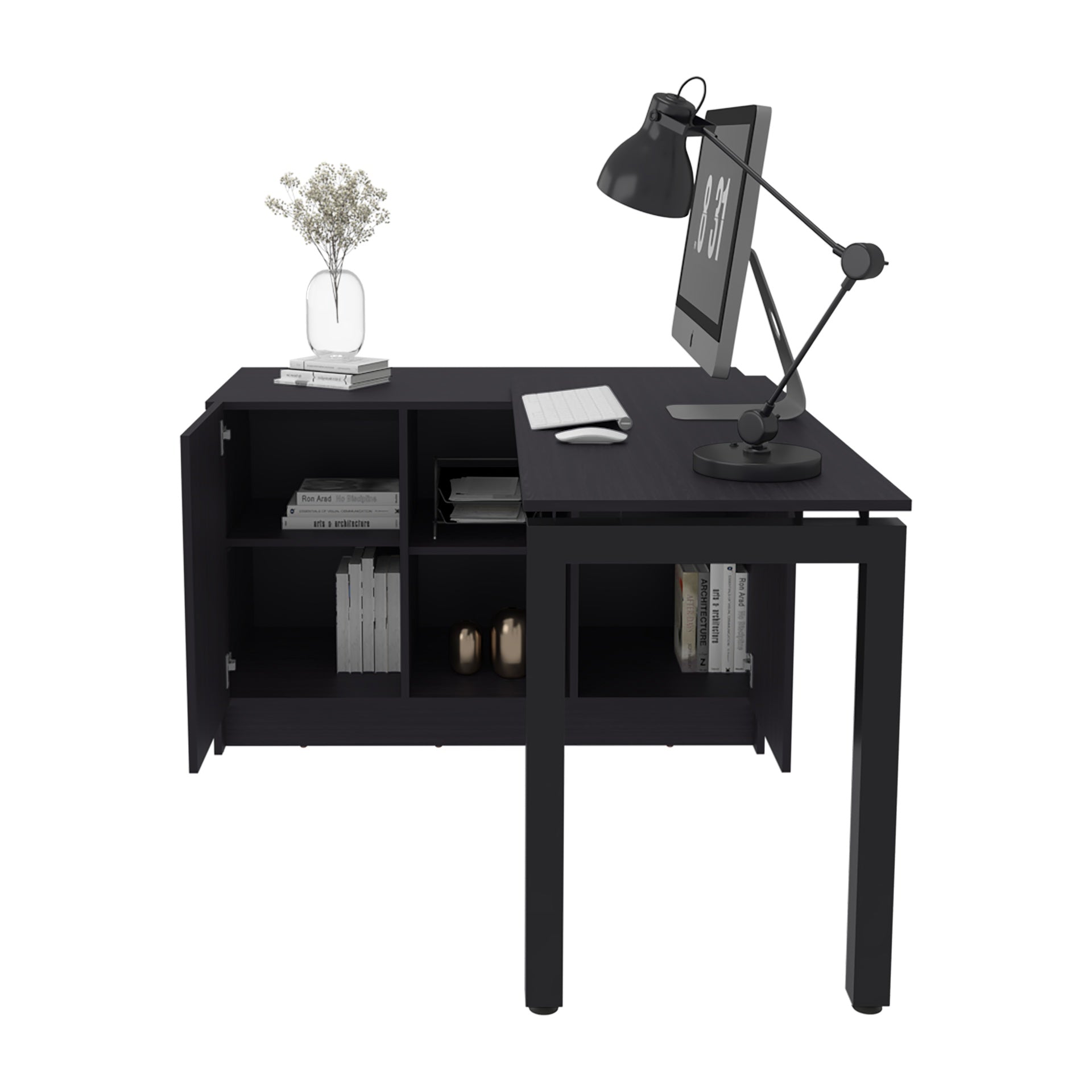 Alfie Rotable Desk 72-Inch Wide or Compact, Adjustable Workstation In Two Directions with Storage Compartments, For Home Office or Studio, Black