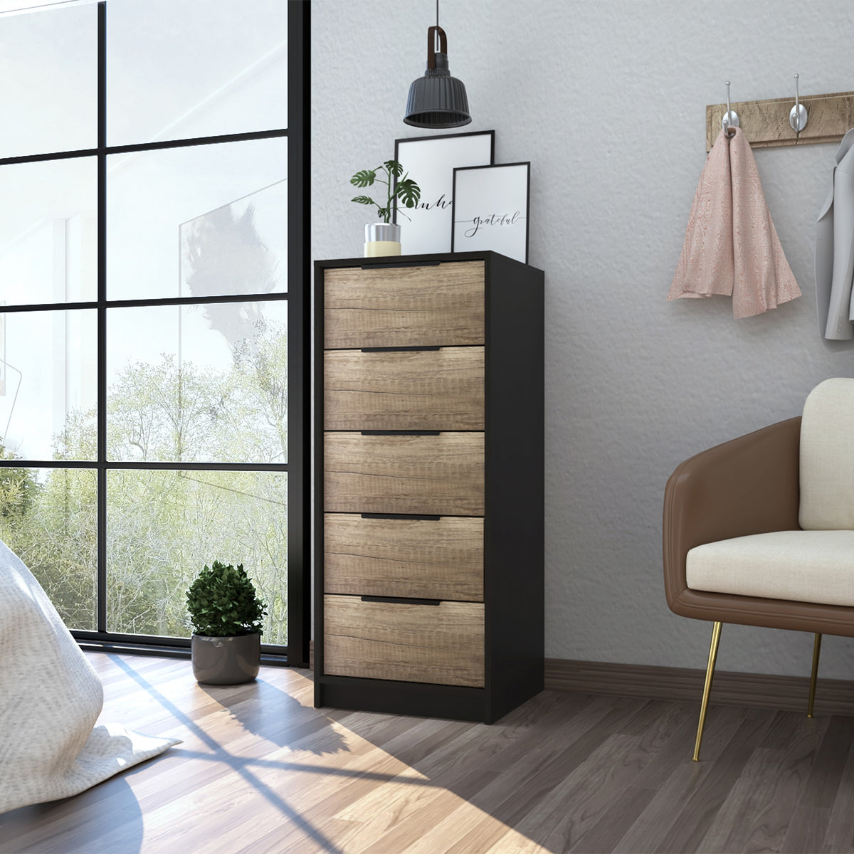 Kaia 5 Drawer Dresser, Vertical Dresser -Black / Pine