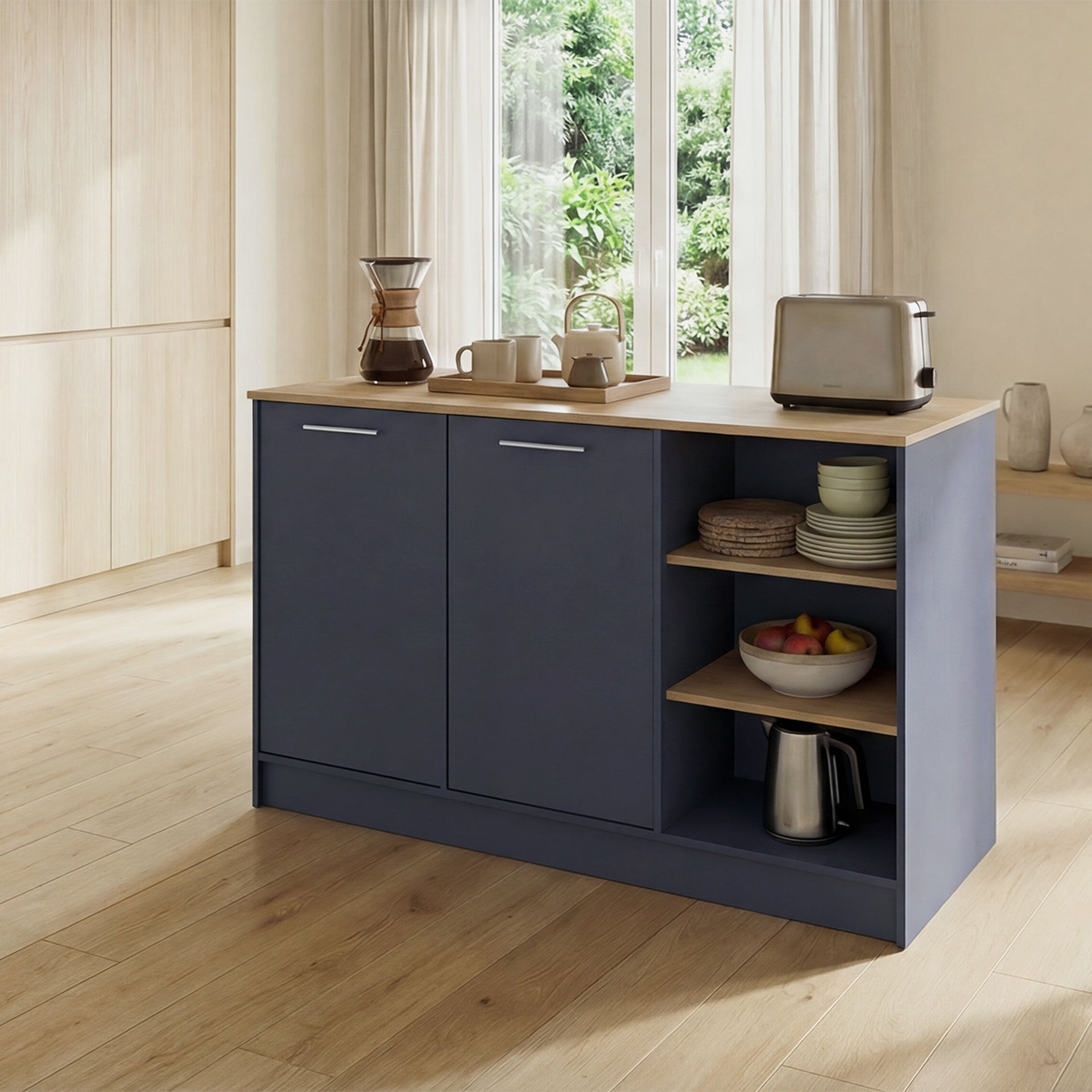 Ginger Kitchen Island with Spacious Dining Countertop, Three Open Storage Shelves, Dual Cabinet Doors with Interior Shelves and Functional Floorstanding
