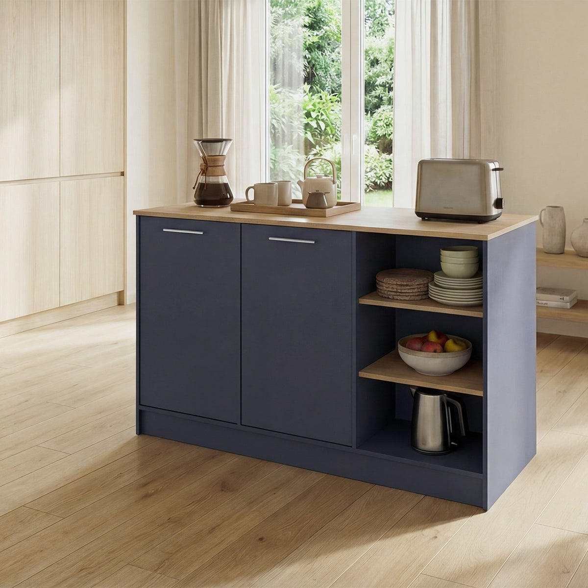 Ginger Kitchen Island with Spacious Dining Countertop, Three Open Storage Shelves, Dual Cabinet Doors with Interior Shelves and Functional Floorstanding