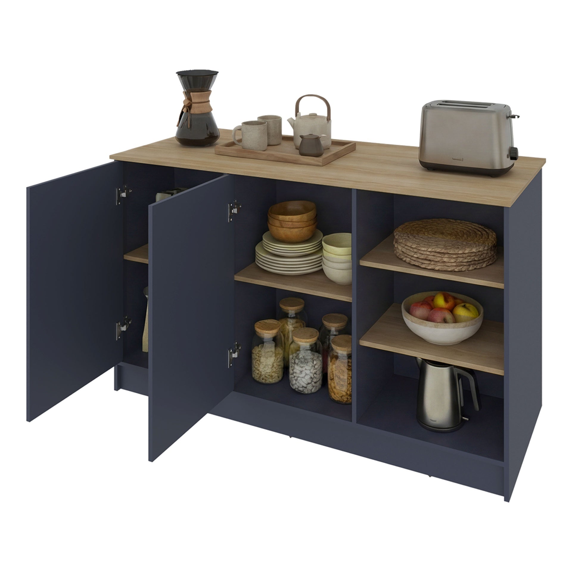 Ginger Kitchen Island with Spacious Dining Countertop, Three Open Storage Shelves, Dual Cabinet Doors with Interior Shelves and Functional Floorstanding