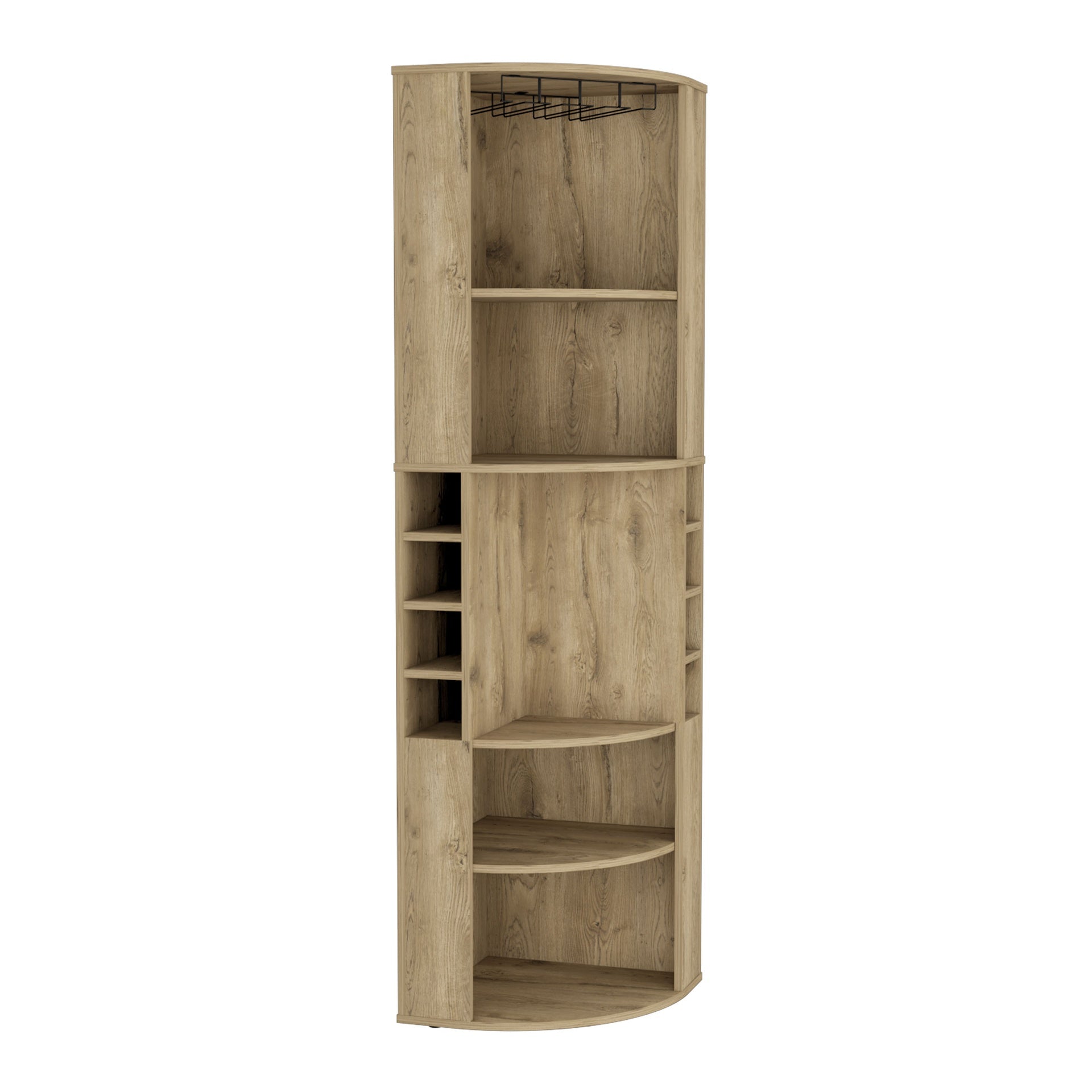 Oban Corner Bar Cabinet with Five Shelves , Eight Bottle Cubbies and Steamware Macadamia