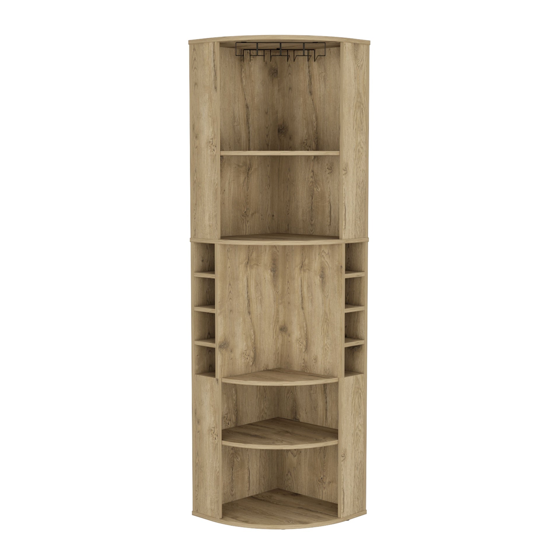 Oban Corner Bar Cabinet with Five Shelves , Eight Bottle Cubbies and Steamware Macadamia