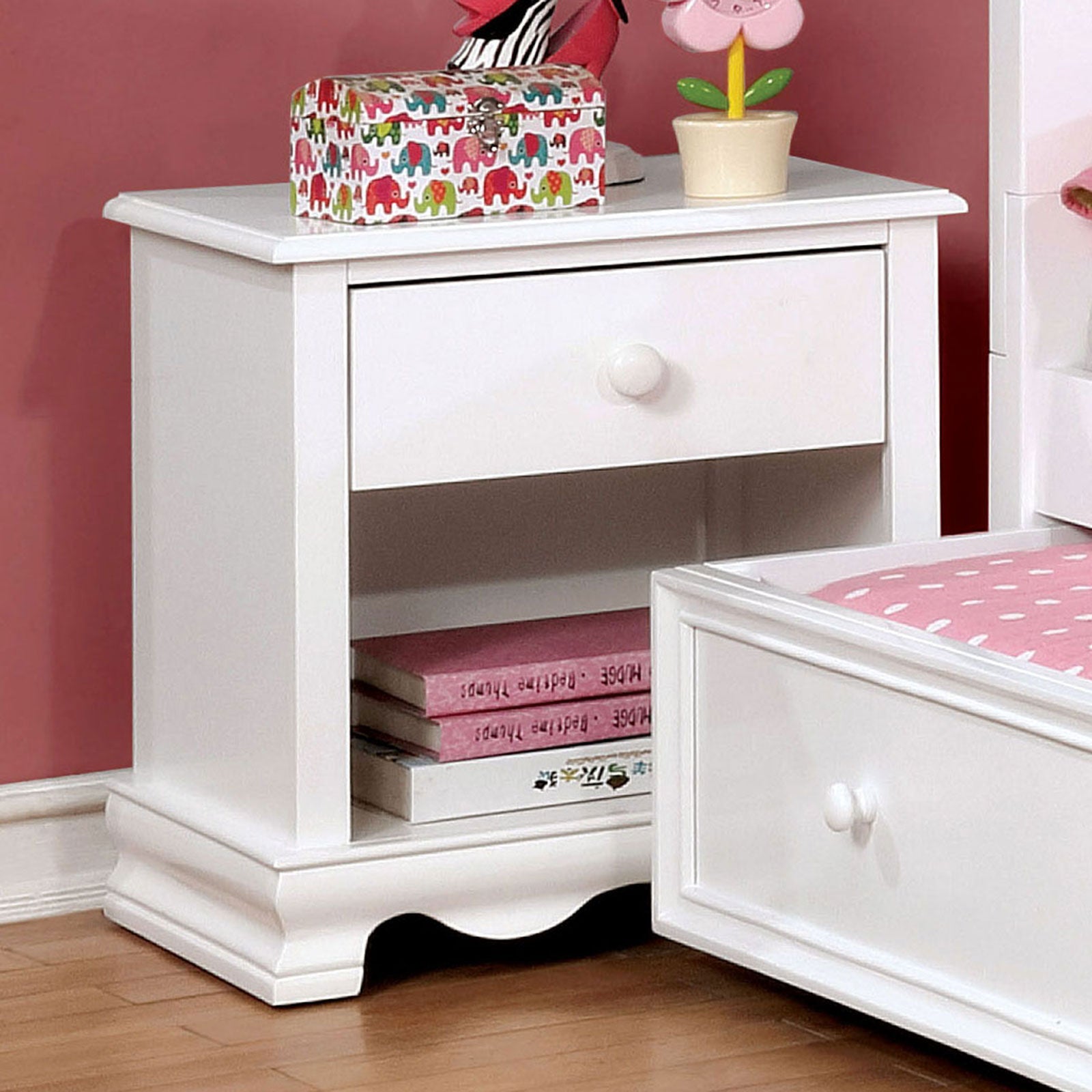 Contemporary White 1pc Nightstand Knob Handles Solidwood 1-Drawers Bedside Table Storage Shelves