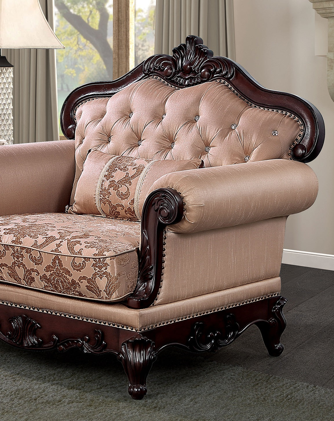 Dark Cherry And Light Brown Finish Traditional Style 1pc Chair Rolled Arms Nailhead Trim Accent Pillow Included