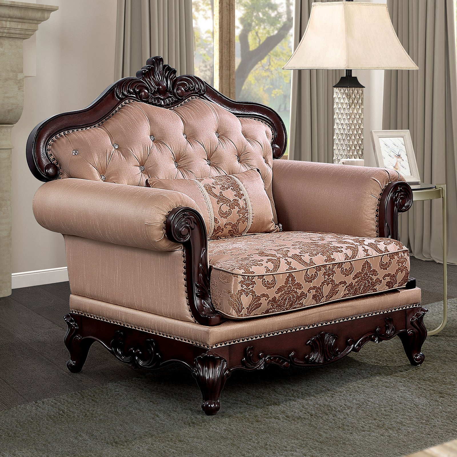 Dark Cherry And Light Brown Finish Traditional Style 1pc Chair Rolled Arms Nailhead Trim Accent Pillow Included