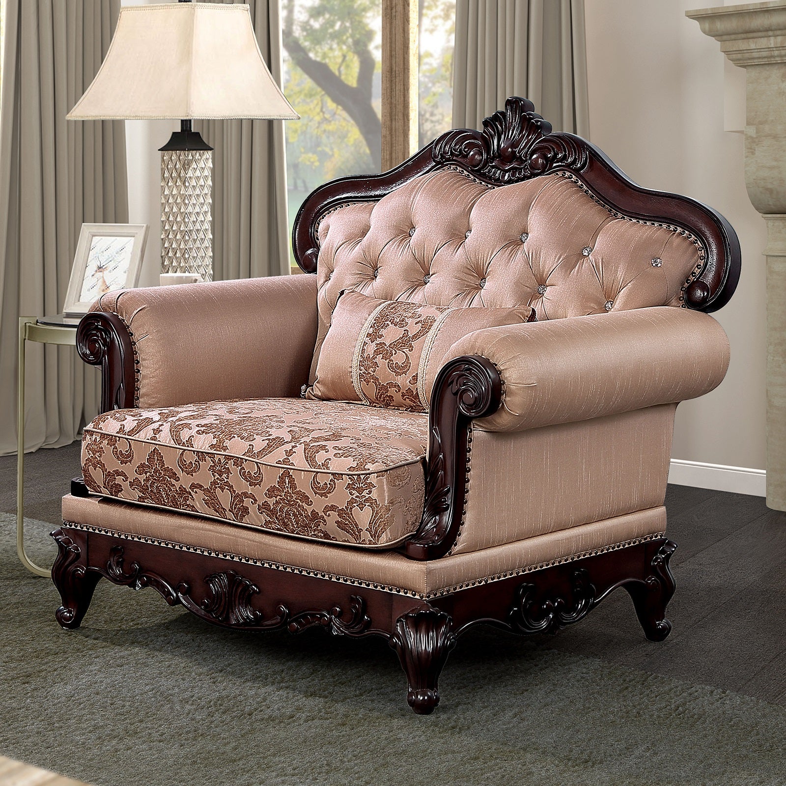 Dark Cherry And Light Brown Finish Traditional Style 1pc Chair Rolled Arms Nailhead Trim Accent Pillow Included