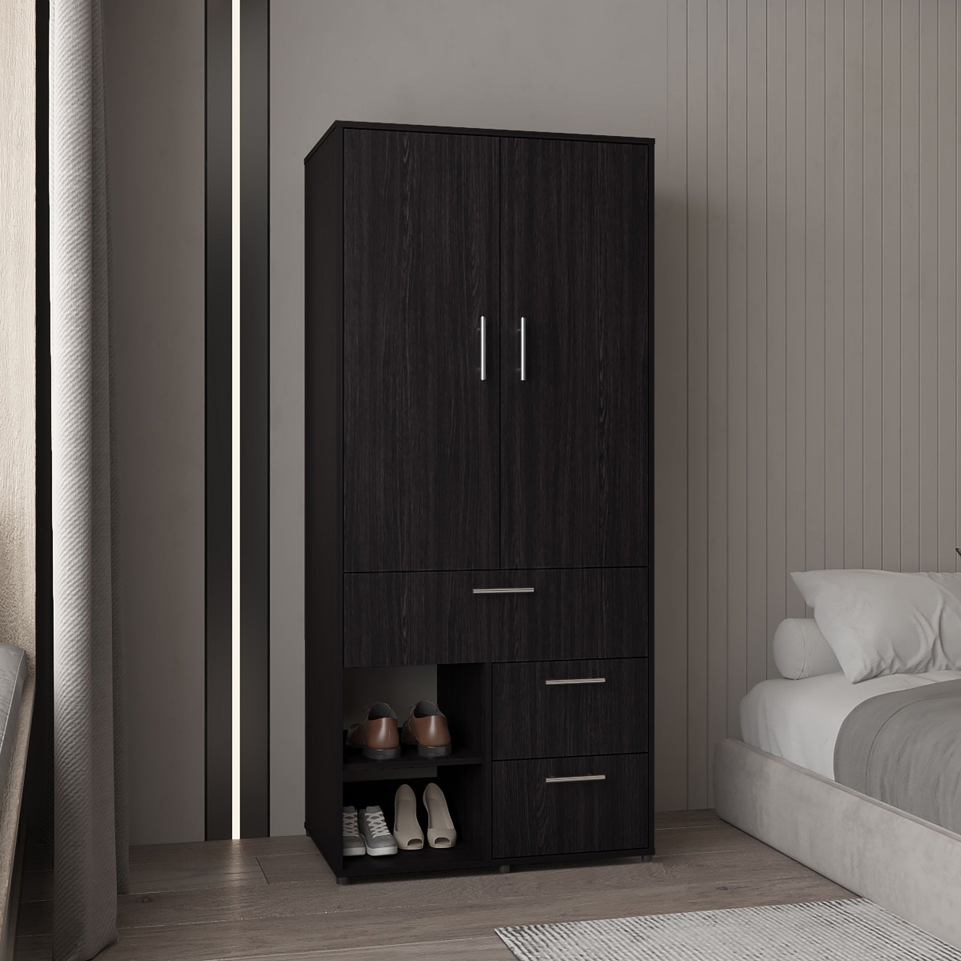 Alpine Armoire With Double Doors, Internal Shelves And Hanging Rod, Black