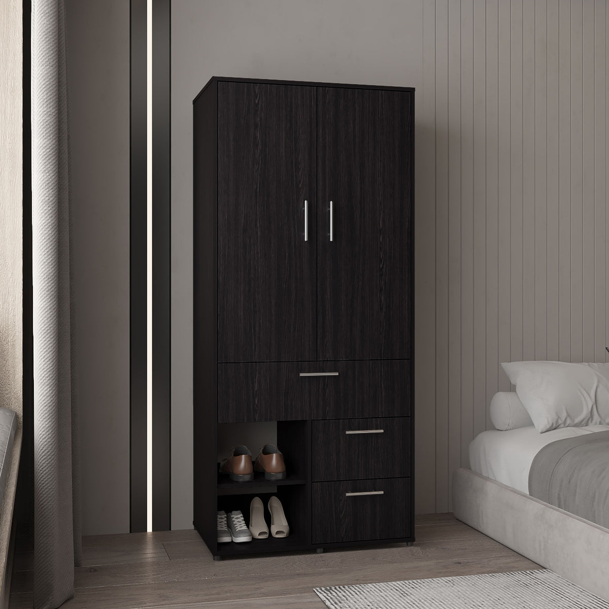 Alpine Armoire With Double Doors, Internal Shelves And Hanging Rod, Black