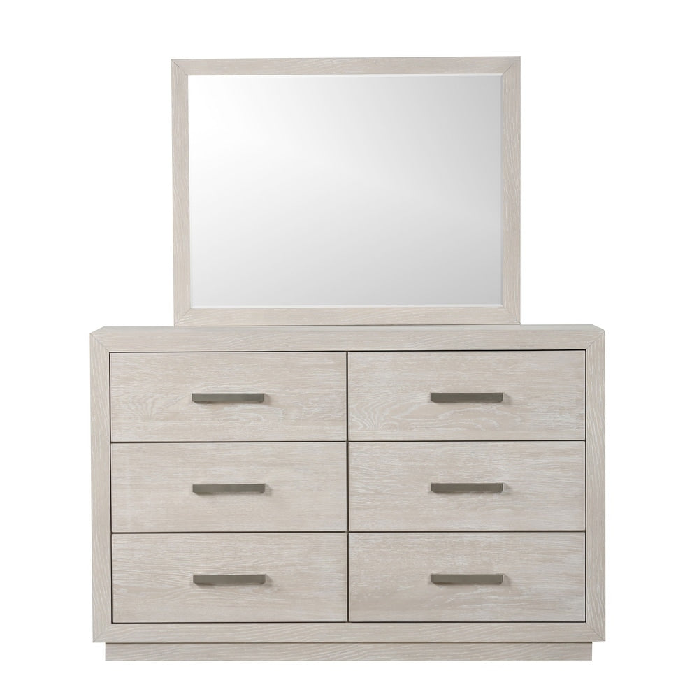 Dresser W Mirror Light Gray Six Drawers Storage Solid Acacia Transitional Bedroom Furniture