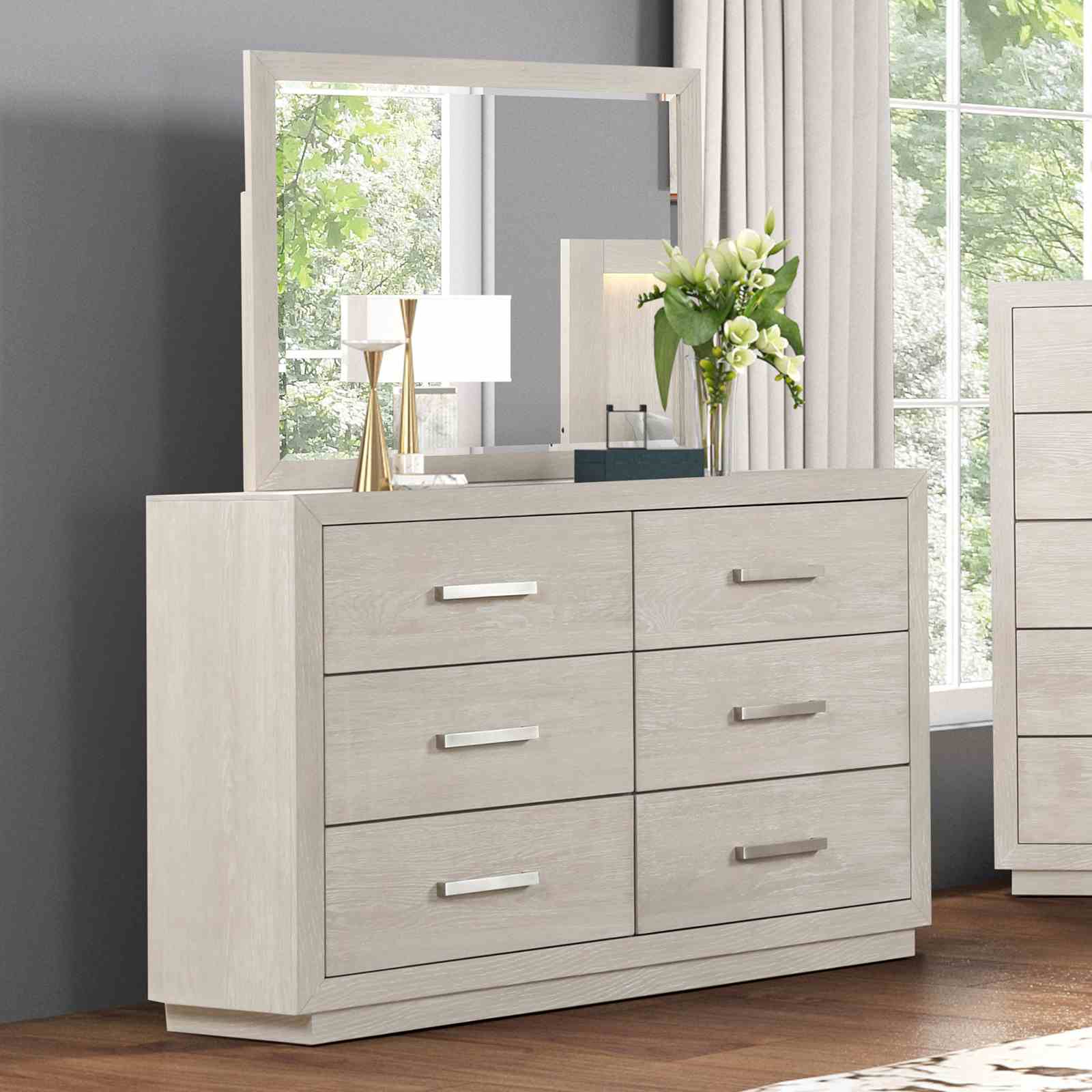 Dresser W Mirror Light Gray Six Drawers Storage Solid Acacia Transitional Bedroom Furniture