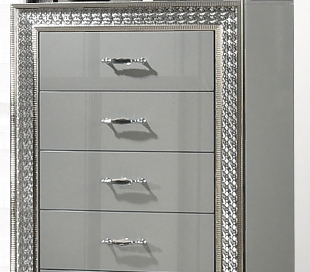Glam Style 1pc Chest 5-Drawers Metal Handle Scale Molding Trim Felt Lined Drawers Tops Metallic Grey Finish Bedroom Furniture
