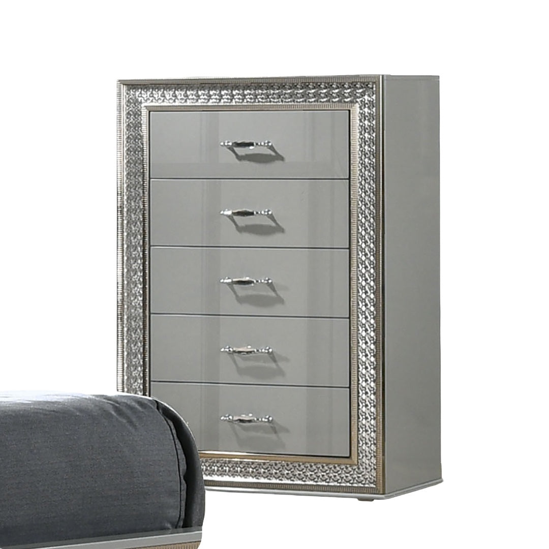Glam Style 1pc Chest 5-Drawers Metal Handle Scale Molding Trim Felt Lined Drawers Tops Metallic Grey Finish Bedroom Furniture