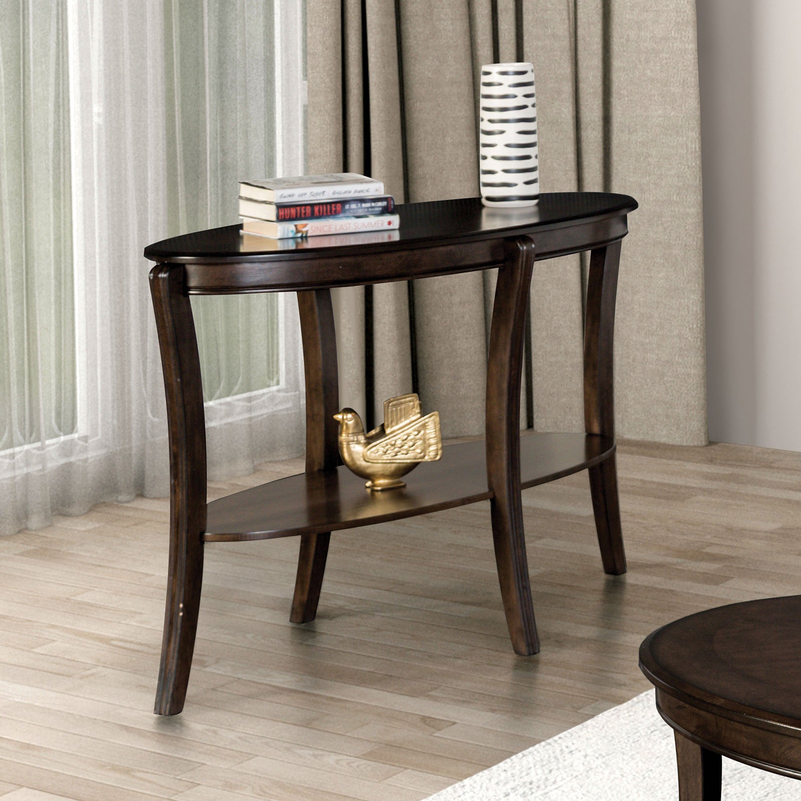 Traditional Style Oval Shape Sofa Table With Open Lower Storage Shelf And Curved Legs Walnut Finish