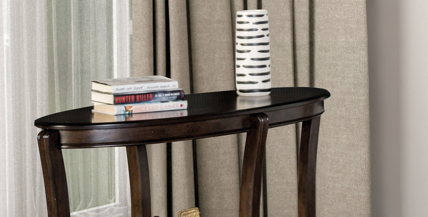Traditional Style Oval Shape Sofa Table With Open Lower Storage Shelf And Curved Legs Walnut Finish