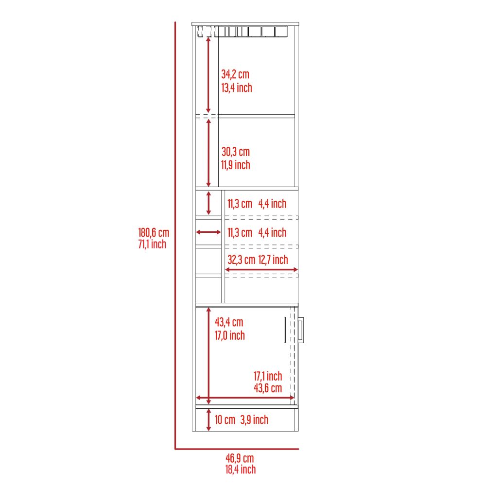 Syrah Corner Bar Cabinet, Eight Bottle Cubbies, Double Door, Two Open Shelves -Smokey Oak