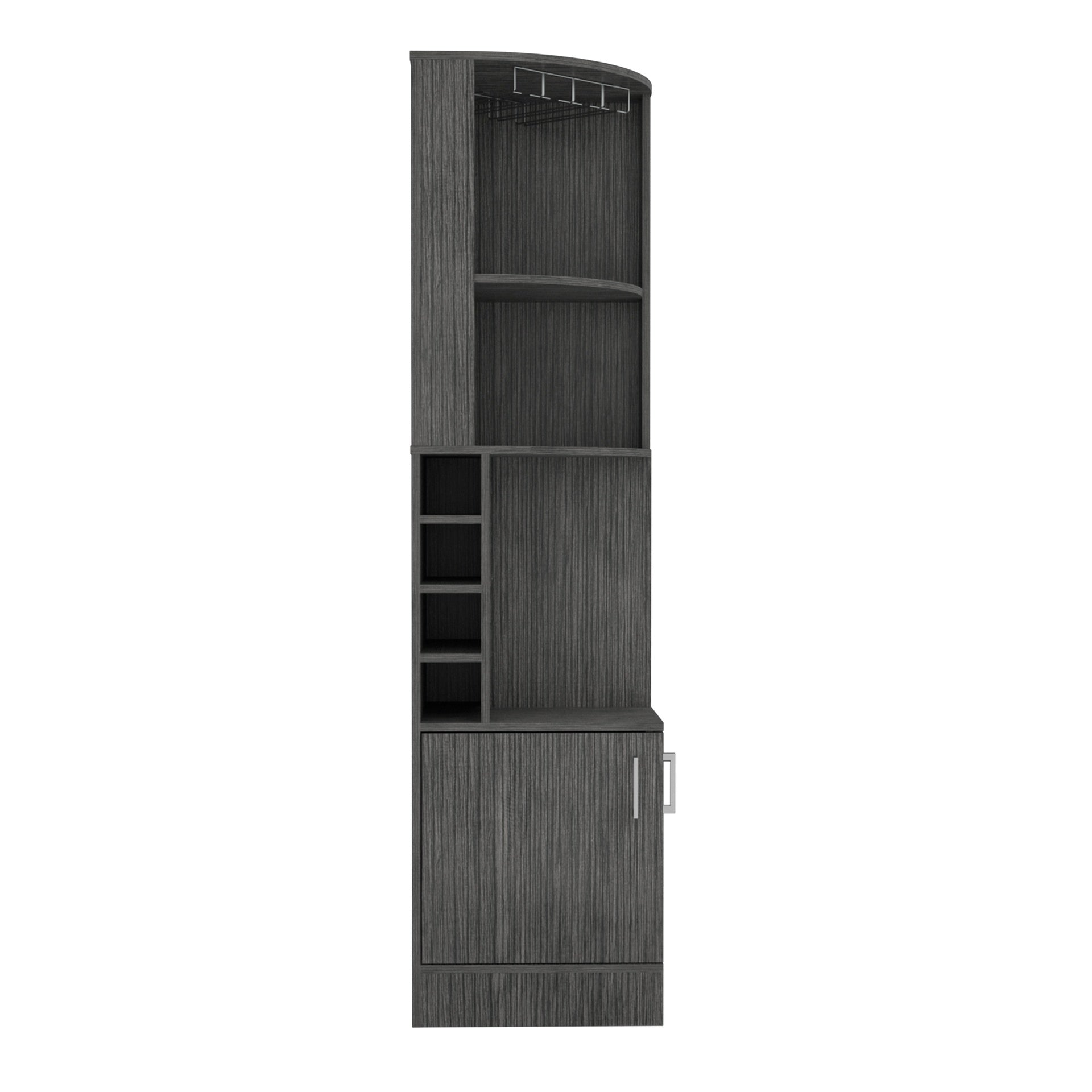 Syrah Corner Bar Cabinet, Eight Bottle Cubbies, Double Door, Two Open Shelves -Smokey Oak