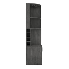 Syrah Corner Bar Cabinet, Eight Bottle Cubbies, Double Door, Two Open Shelves -Smokey Oak