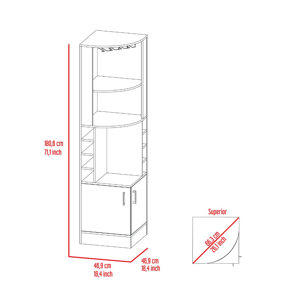 Syrah Corner Bar Cabinet, Eight Bottle Cubbies, Double Door, Two Open Shelves -Smokey Oak