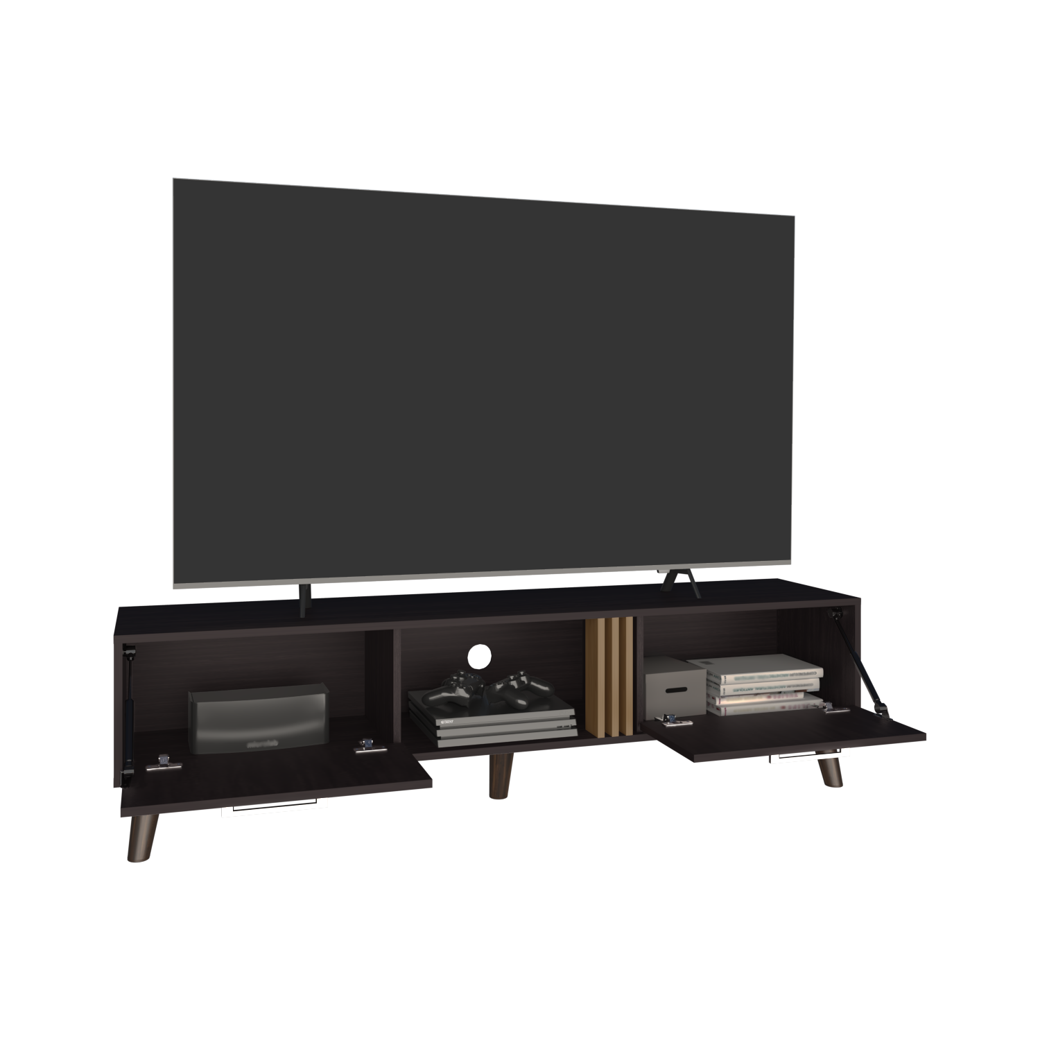 Vance 63" Wide Tv Stand  with Two pull down Cabinets, Two Shelves, Cable Management , Living Room, Tv Room Black Wengue - Light Oak
