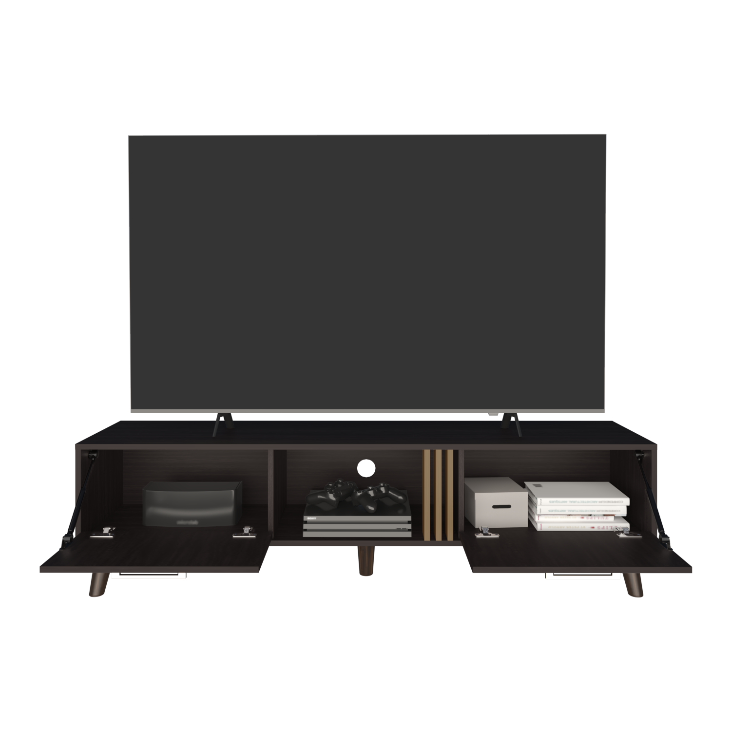Vance 63" Wide Tv Stand  with Two pull down Cabinets, Two Shelves, Cable Management , Living Room, Tv Room Black Wengue - Light Oak