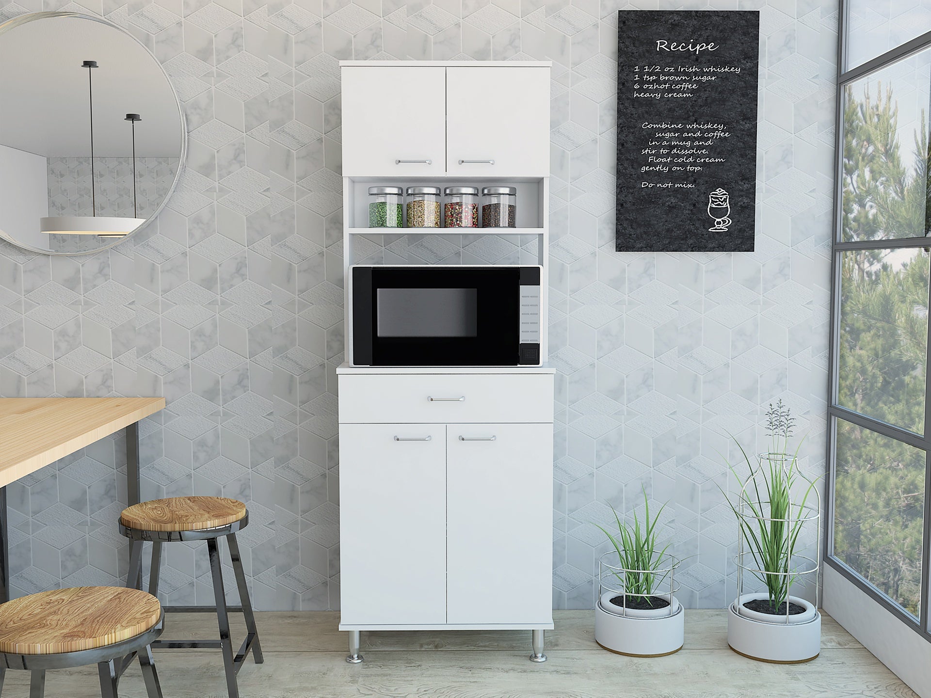 Della 60 Kitchen Pantry with Countertop, Closed & Open Storage -White