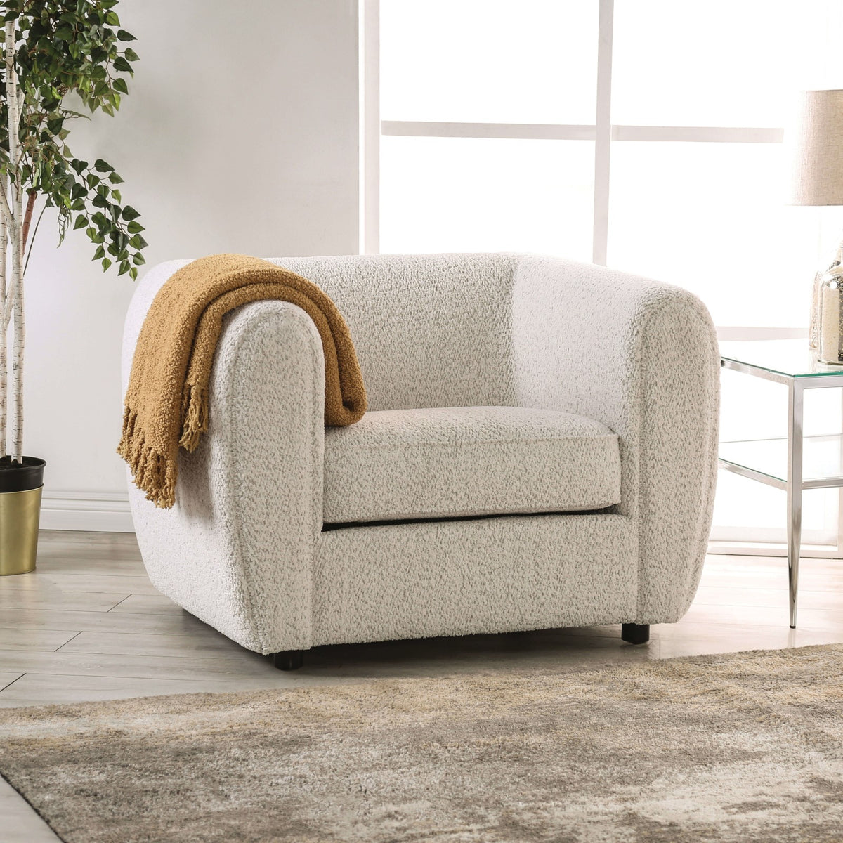 Box Seat Cushion Chair Low Back High Density Foam Wooden Legs Welt Trim Tall Arms Contemporary Off-White