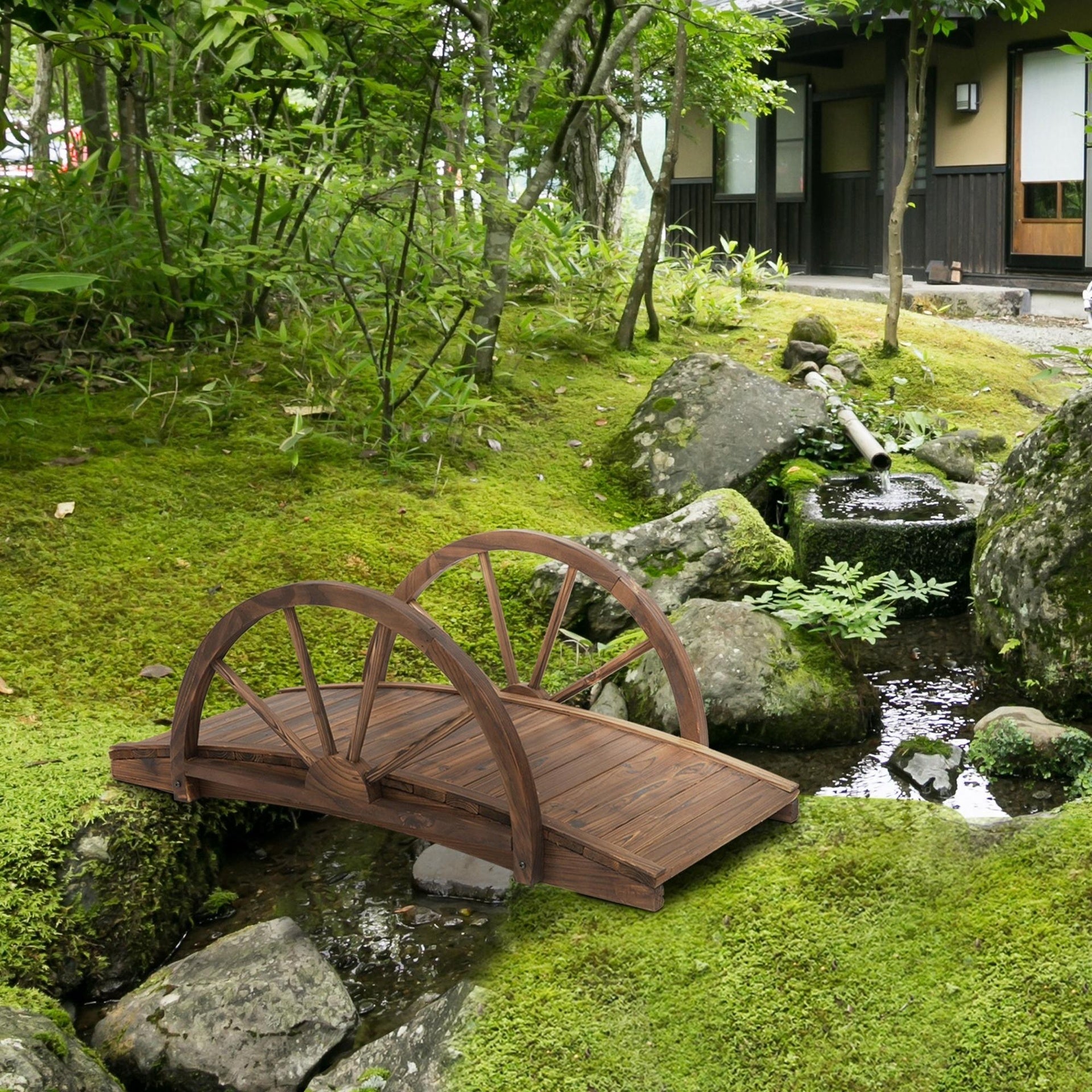Outsunny 3.3ft Wooden Garden Bridge Arc Footbridge with Half-Wheel Style Railings & Solid Fir Construction, Stained Wood