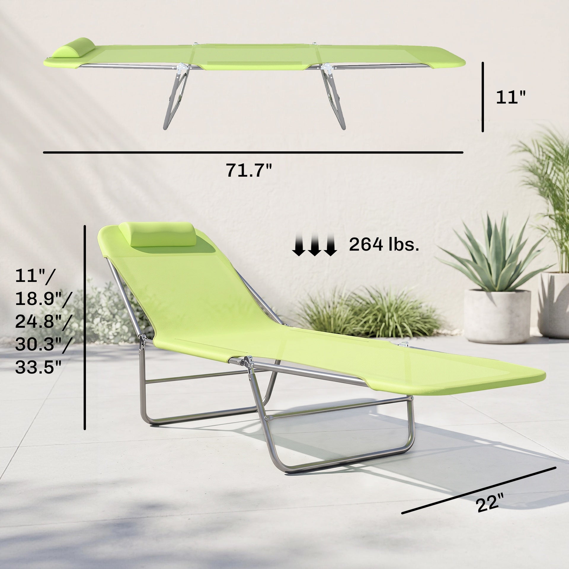 Outsunny Folding Chaise Lounge Pool Chairs, Outdoor Sun Tanning Chairs with Pillow, Reclining Back, Steel Frame & Breathable Mesh for Beach, Yard, Patio,  Green