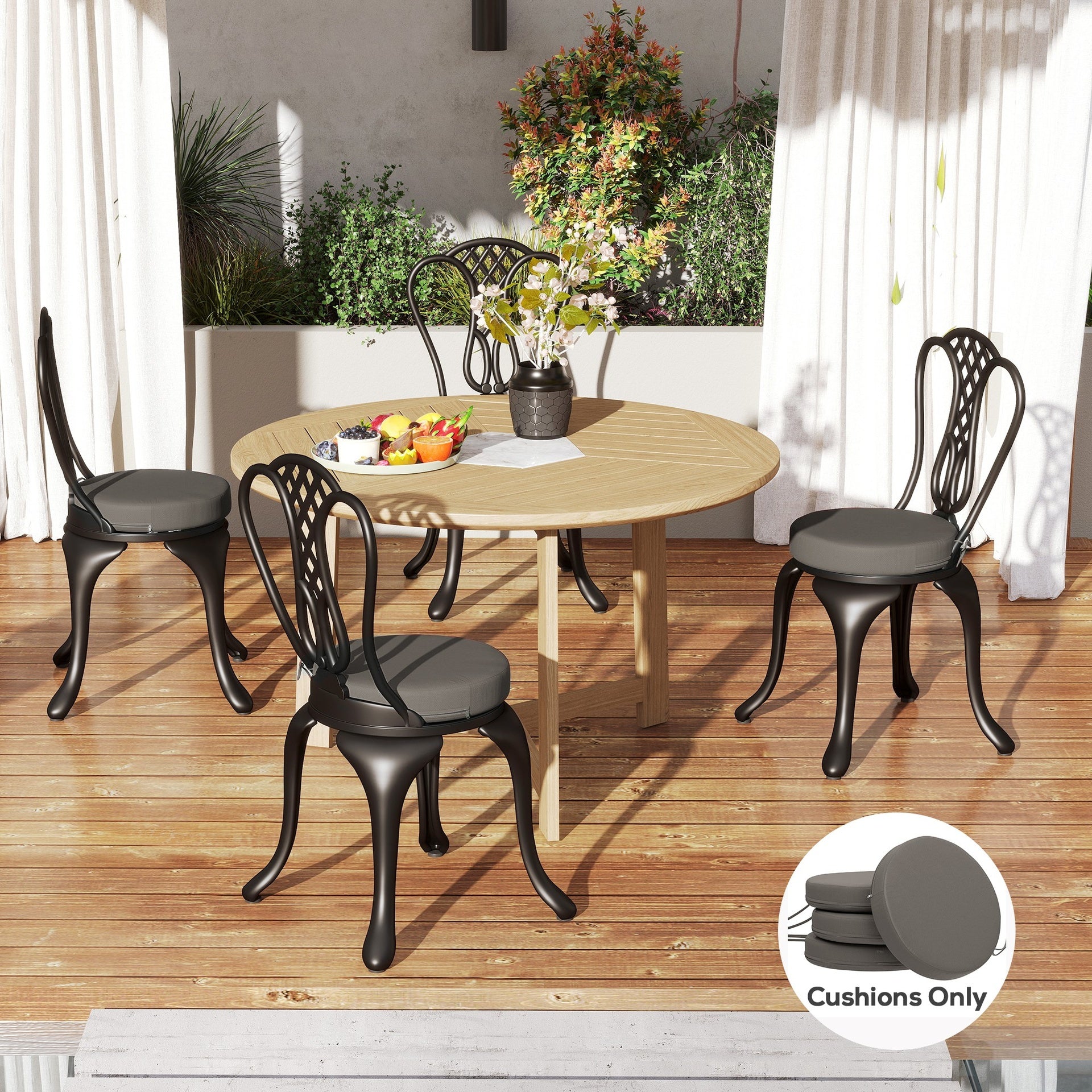 Outsunny Patio Chair Cushions Set of 4 Round Seat Cushions for Dining Bistro Chairs Machine Washable, 15" x 15" x 3", Dark Gray